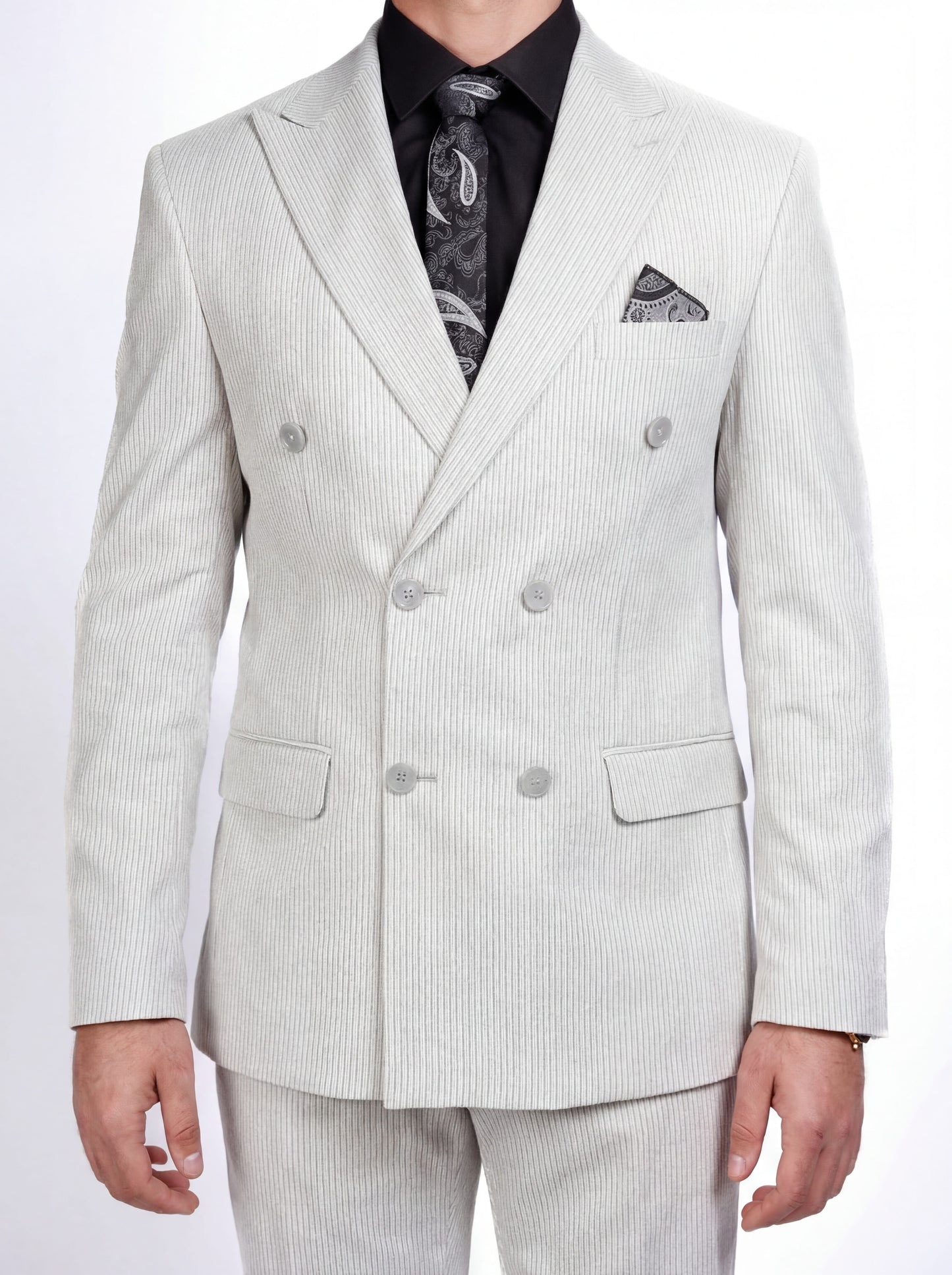 Gray double-breasted pinstripe prom suit worn by young male model at formal event