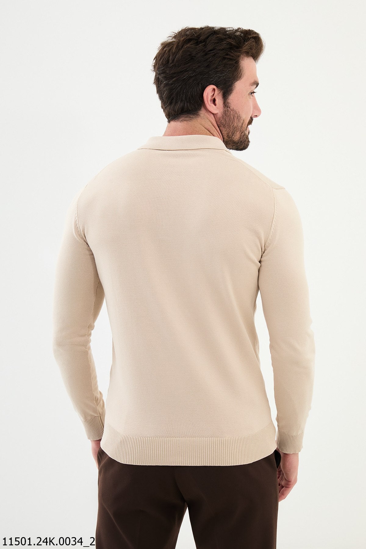 HolloMen Beige Long-Sleeve Polo Sweater.