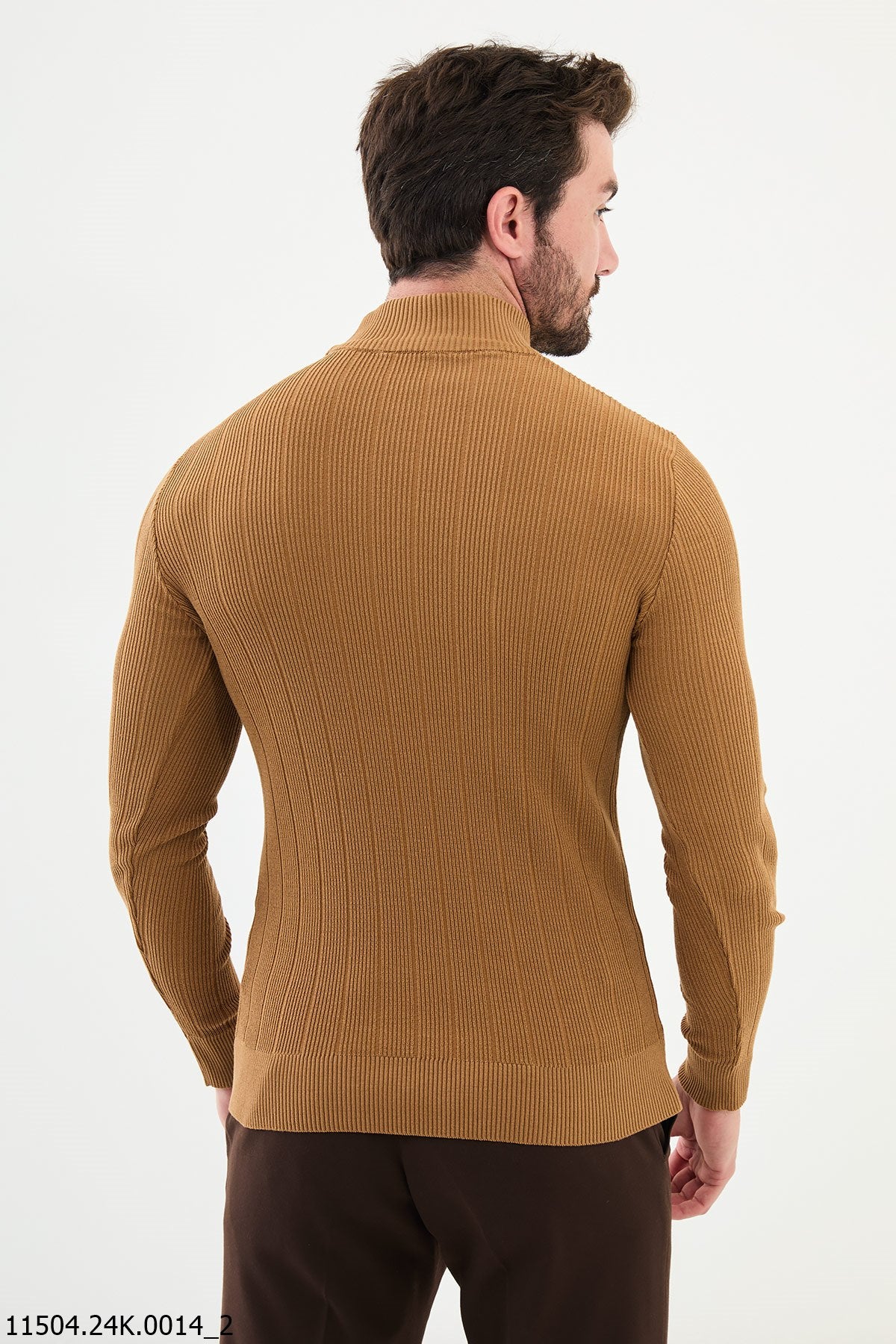 HolloMen Camel Brown Ribbed Turtleneck Sweater.
