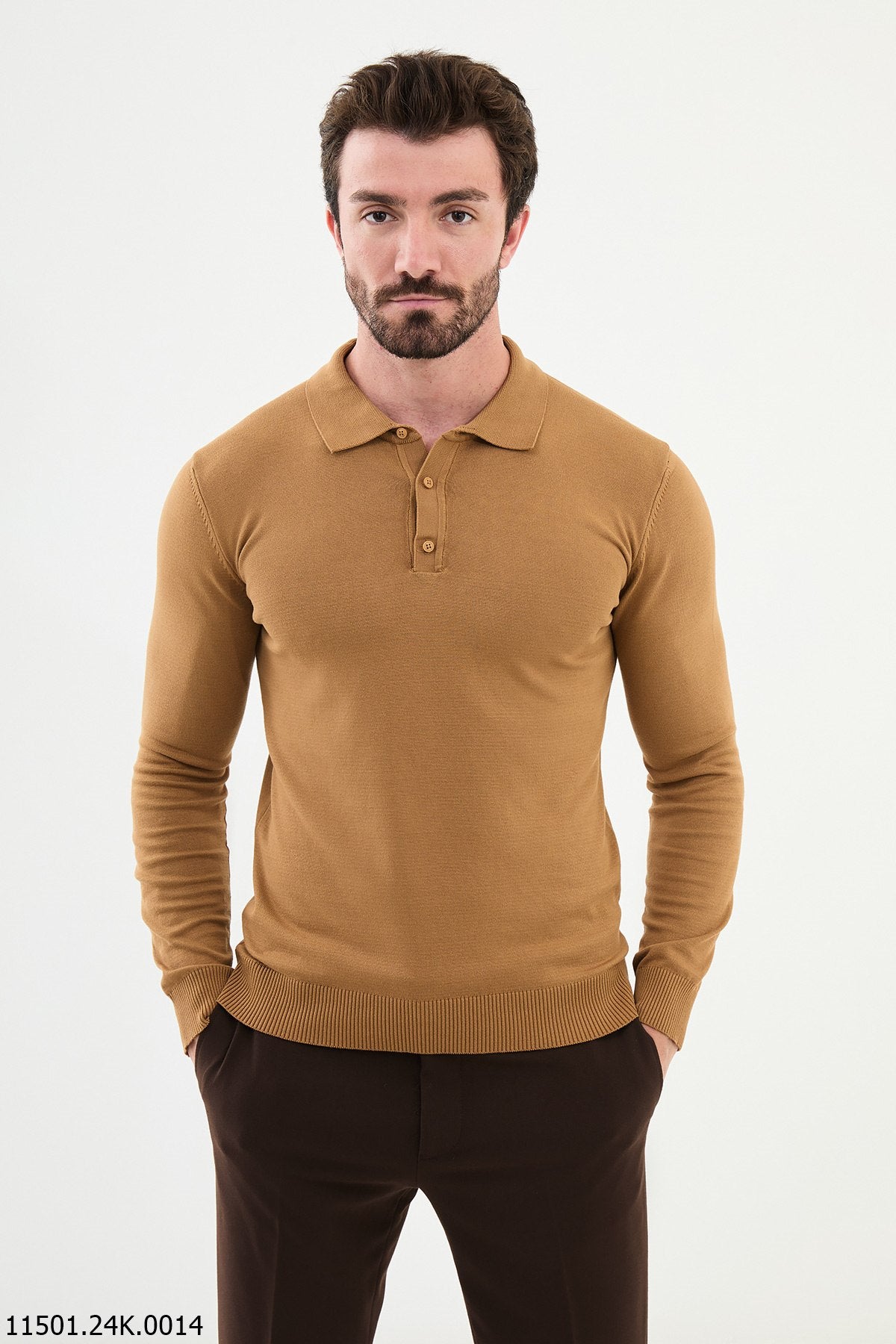 HolloMen Camel Long-Sleeve Polo - Main Image