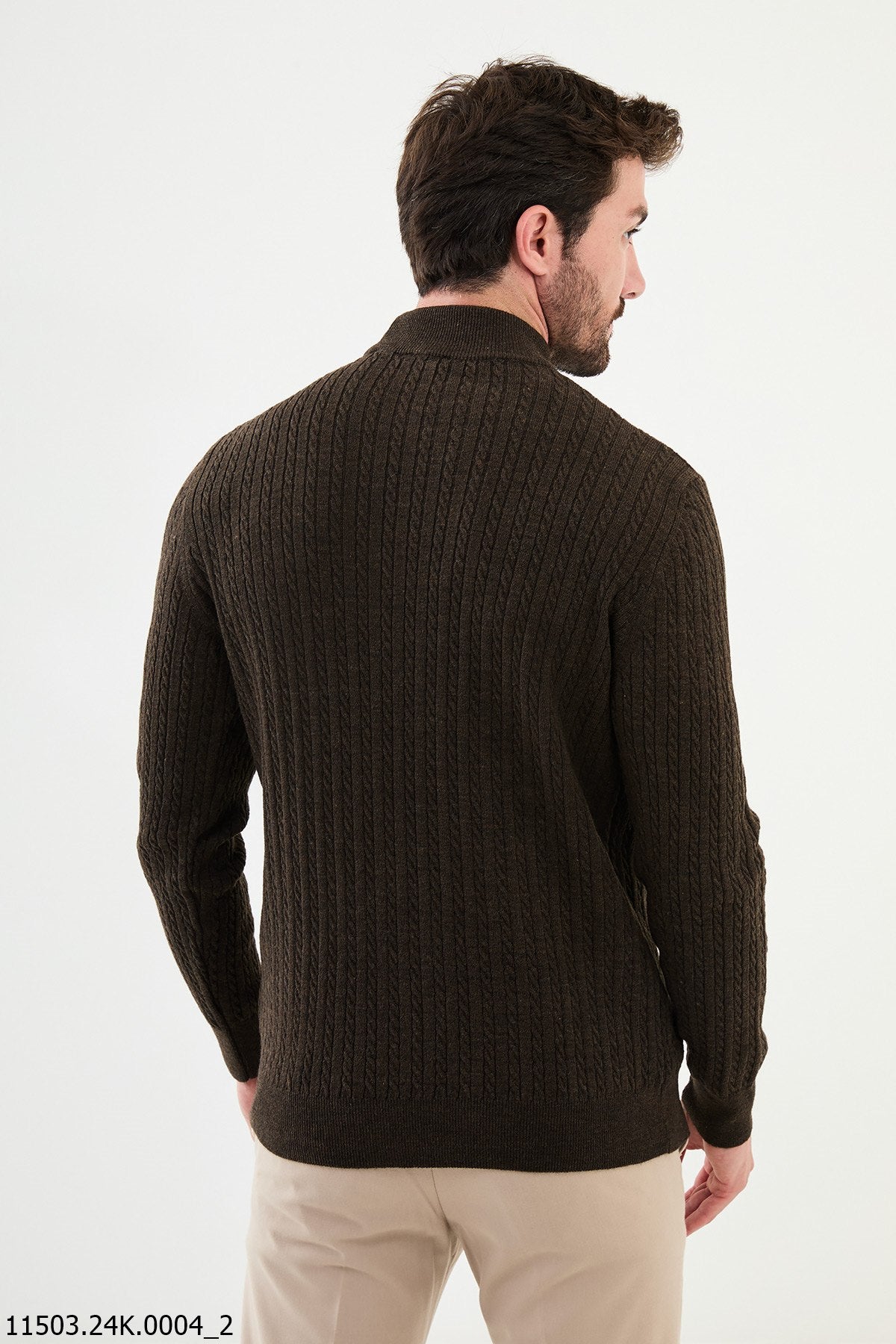 HolloMen Dark Brown Cable Knit Turtleneck Sweater.