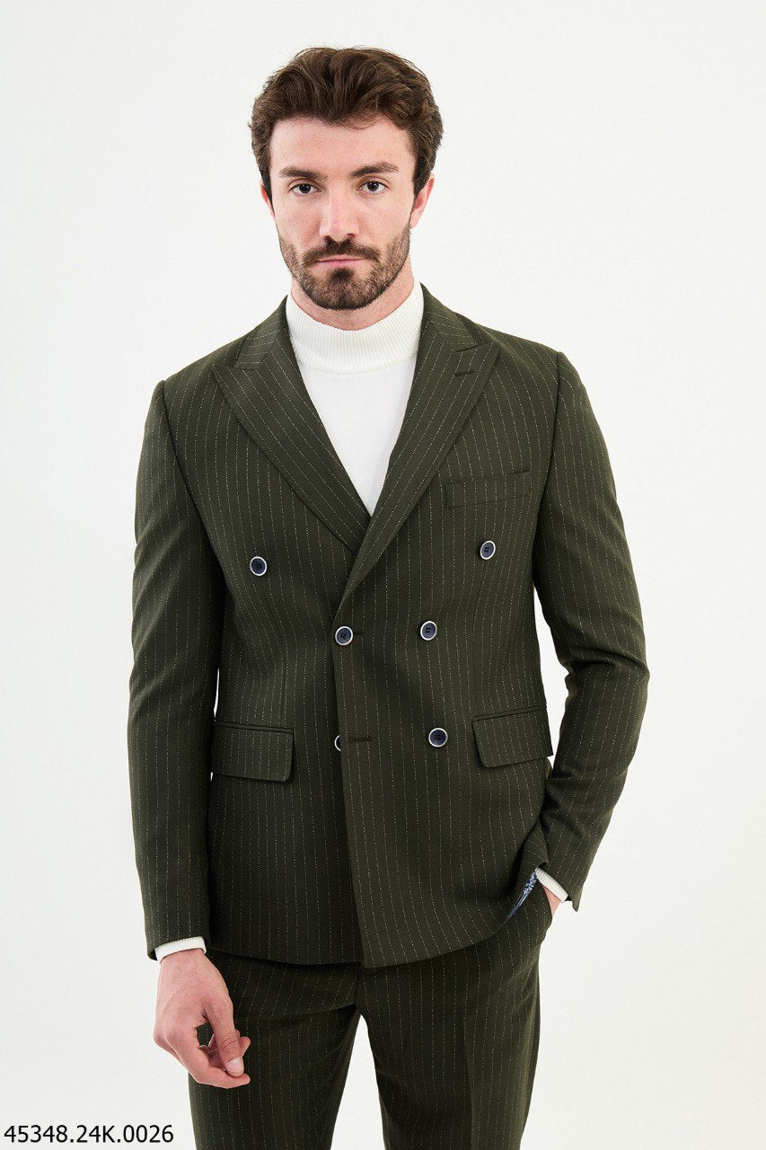 HolloMen Dark Green Pinstripe Double-Breasted Suit. HolloMen Dark Green Pinstripe Double-Breasted Suit.