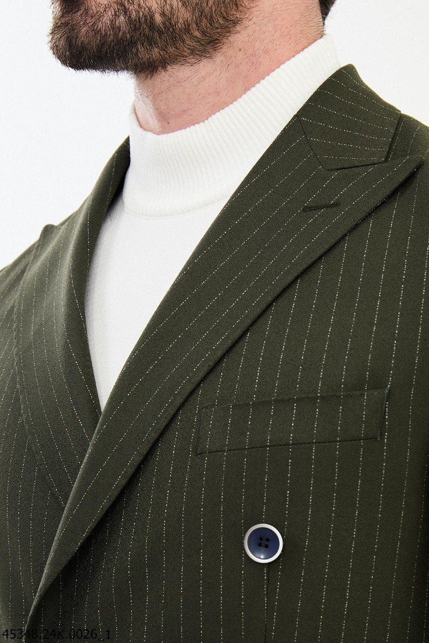 HolloMen Dark Green Pinstripe Double-Breasted Suit.