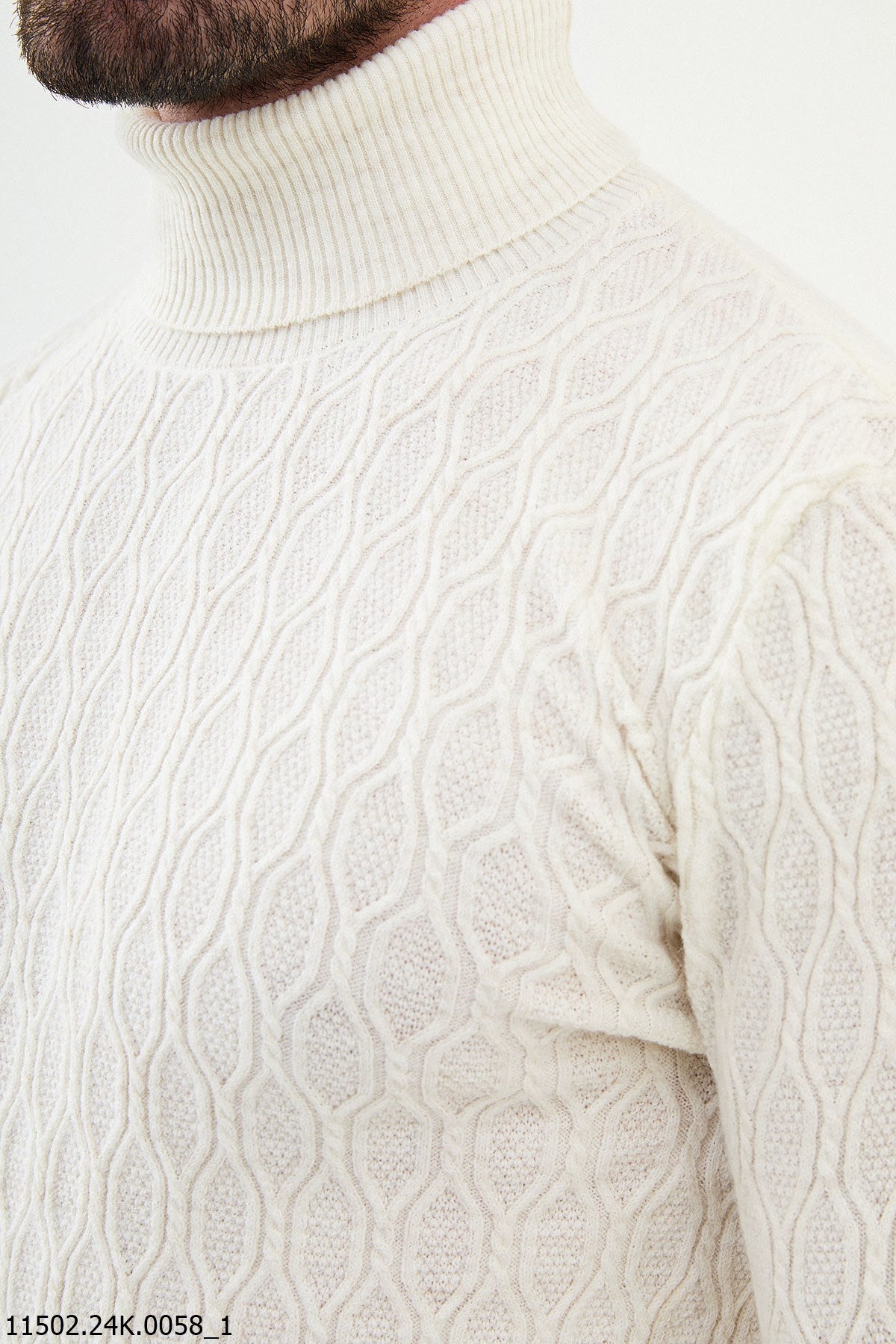 HolloMen Ecru Cable Knit Turtleneck Sweater.