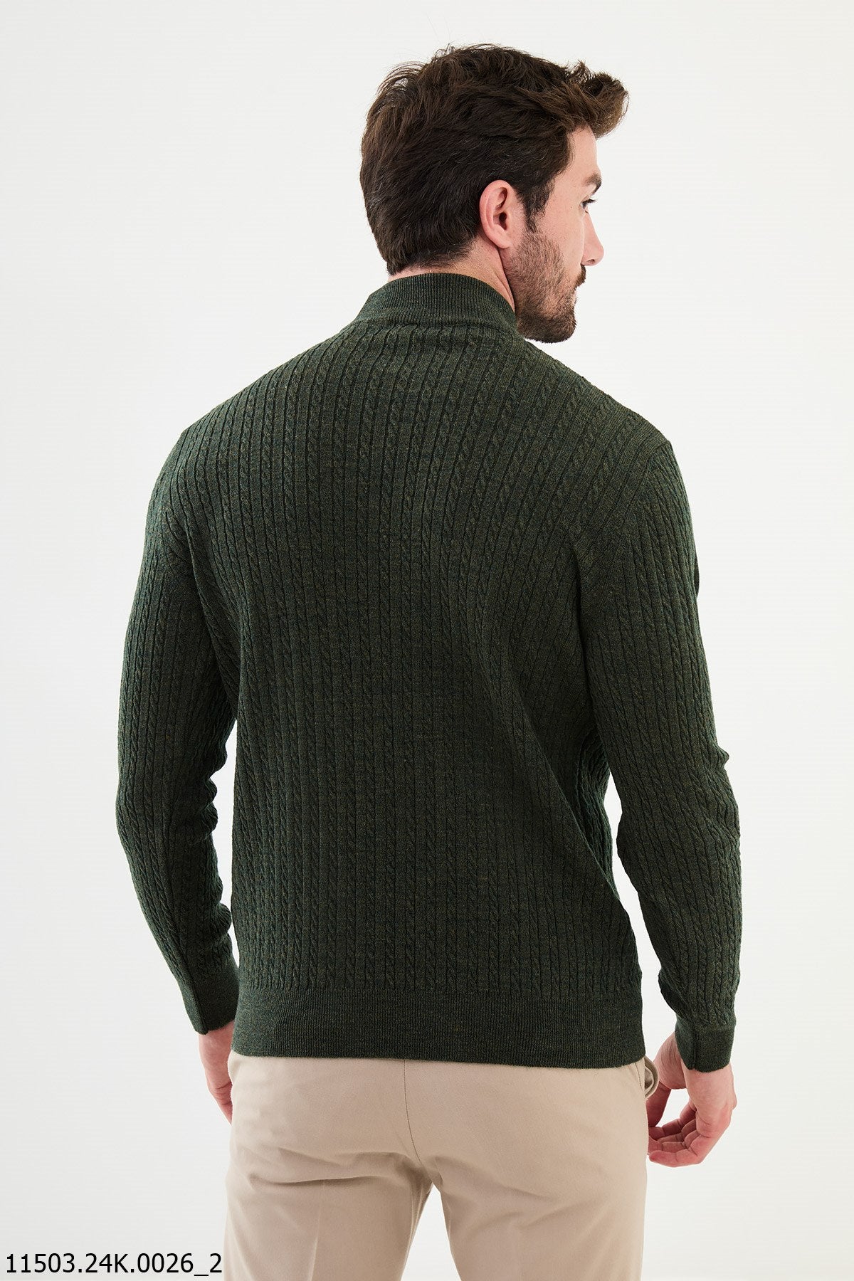 HolloMen Khaki Cable Knit Turtleneck Sweater.