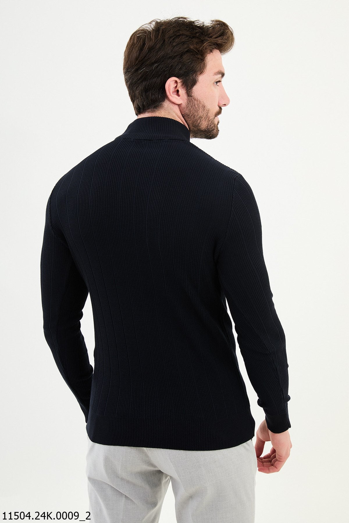 HolloMen Navy Blue Ribbed Turtleneck Sweater.