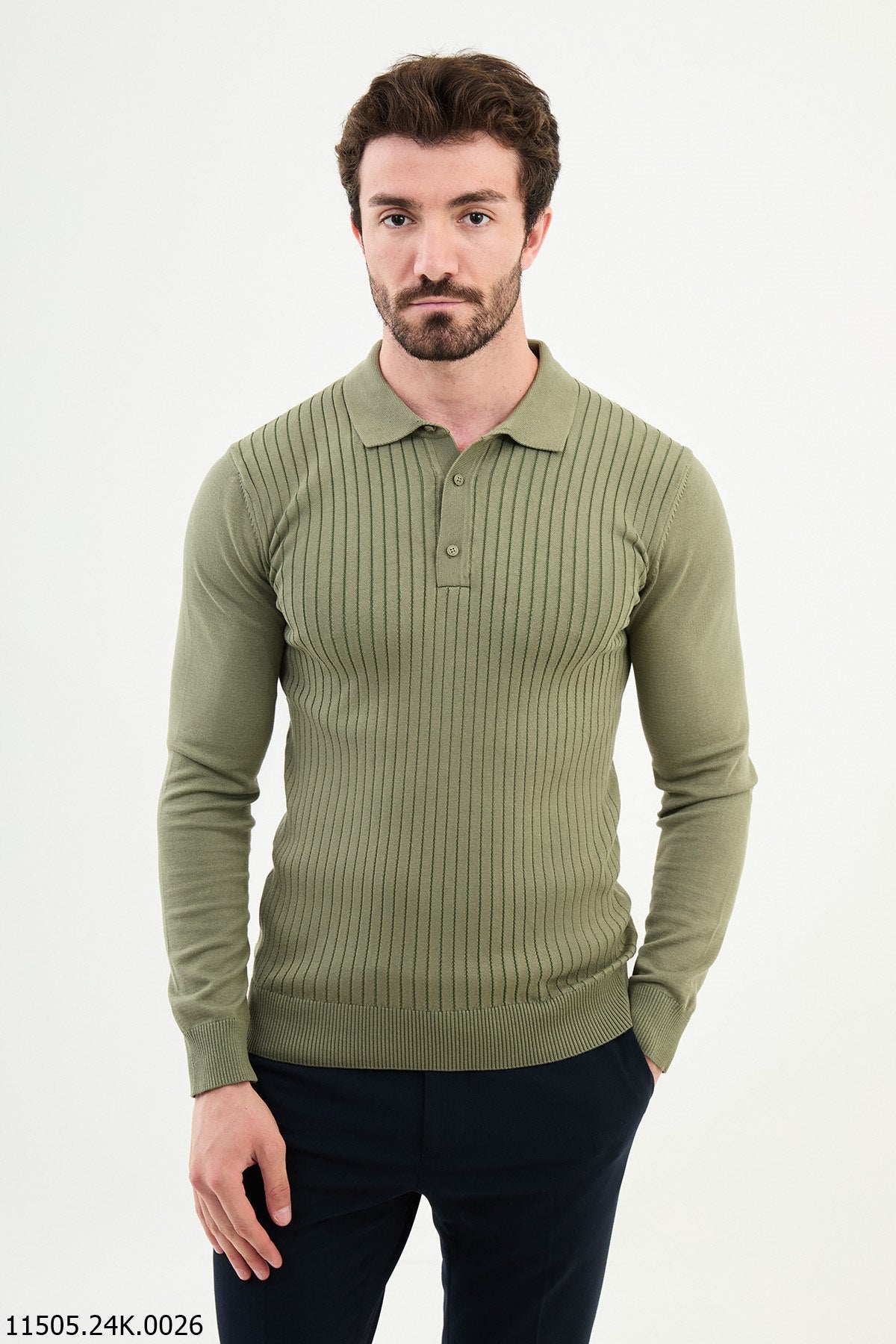 HolloMen Olive Green Ribbed Long-Sleeve Polo Sweater. HolloMen Olive Green Ribbed Long-Sleeve Polo Sweater.