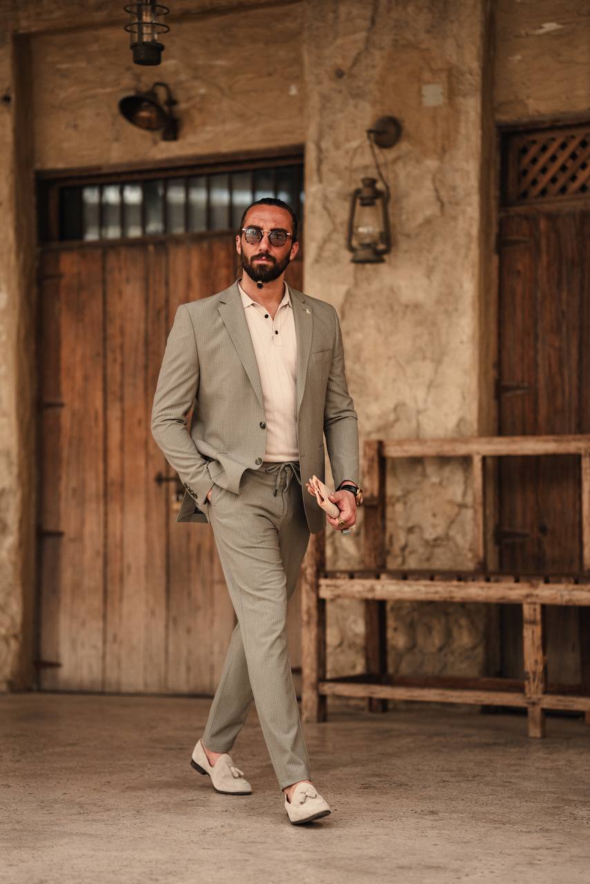Santorini Breeze Khaki Mono-Collar Summer Suit HolloMen Santorini Breeze Khaki Mono-Collar Summer Suit HolloMen