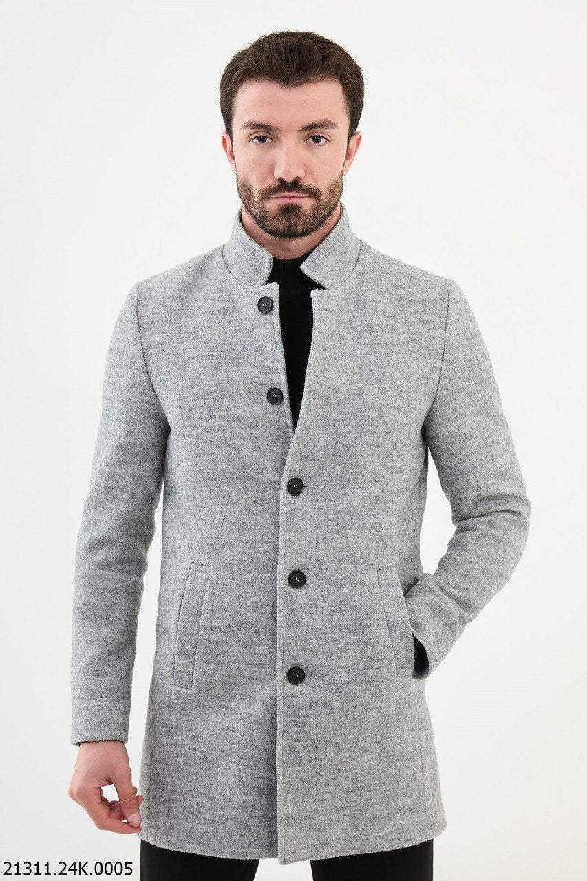 Light Gray Stand Collar Fall-Winter Cotton Blend Coat EU52/US42