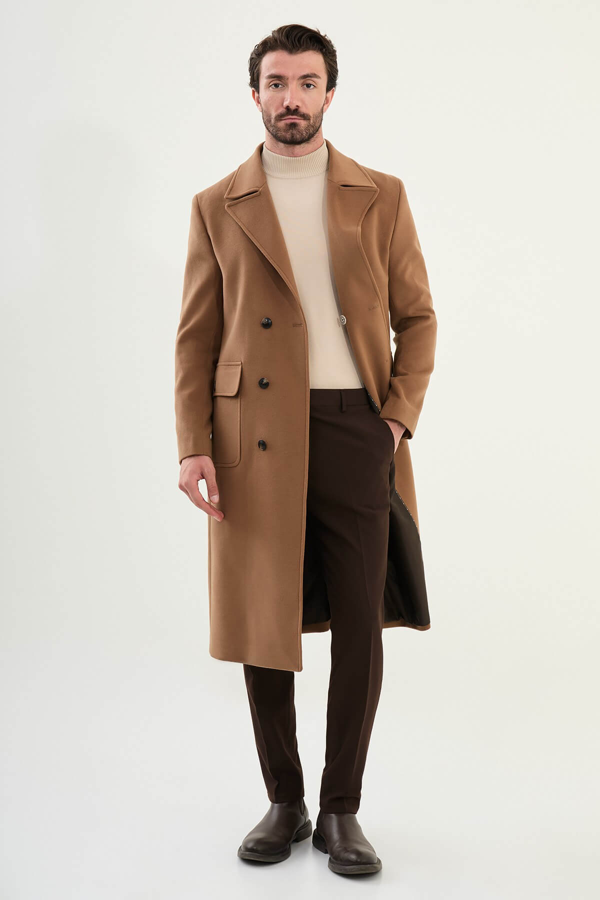 Camel Slim Fit Double-Breasted Coat