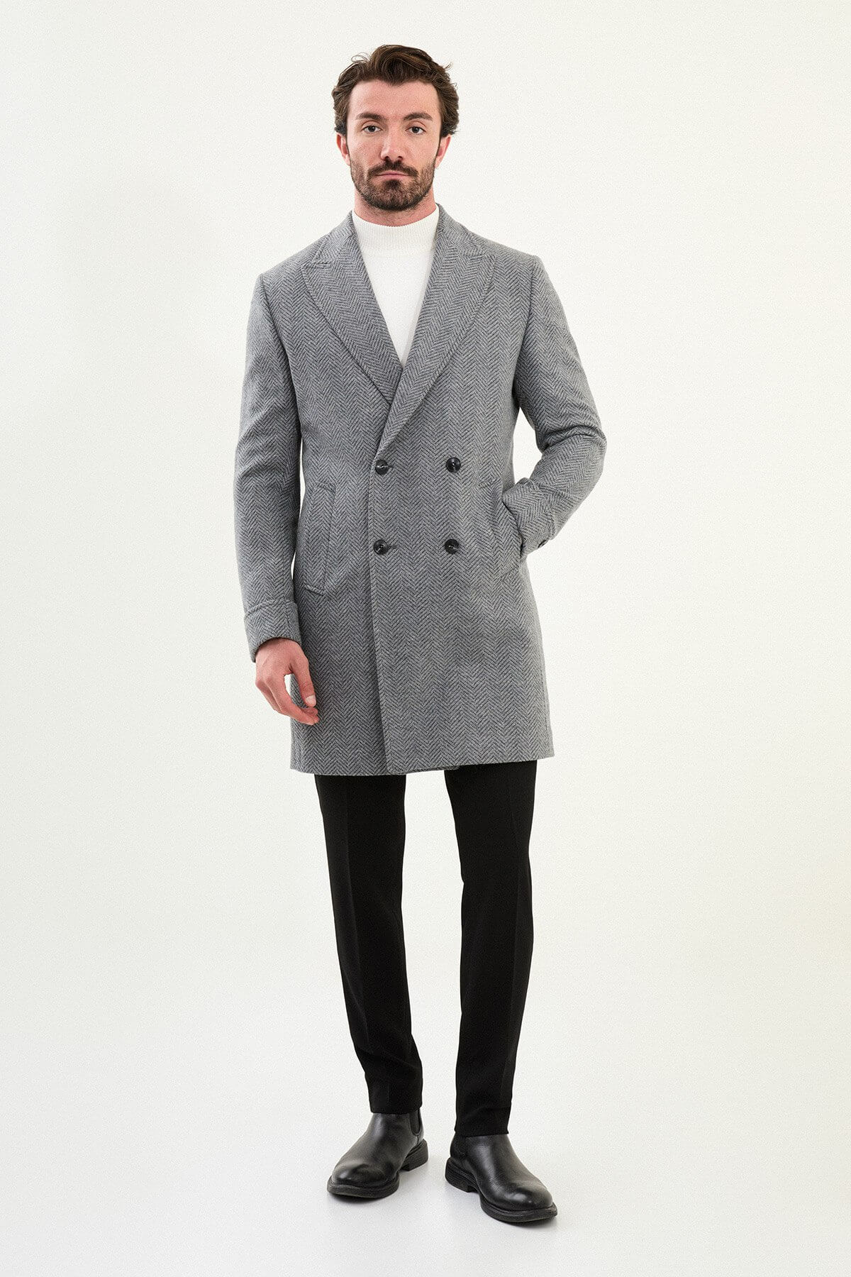 DOUBLE BREASTED MID COAT グレー Gray Slim Fit Wide Collar Double-Breasted Cachet Coat. – HolloMen