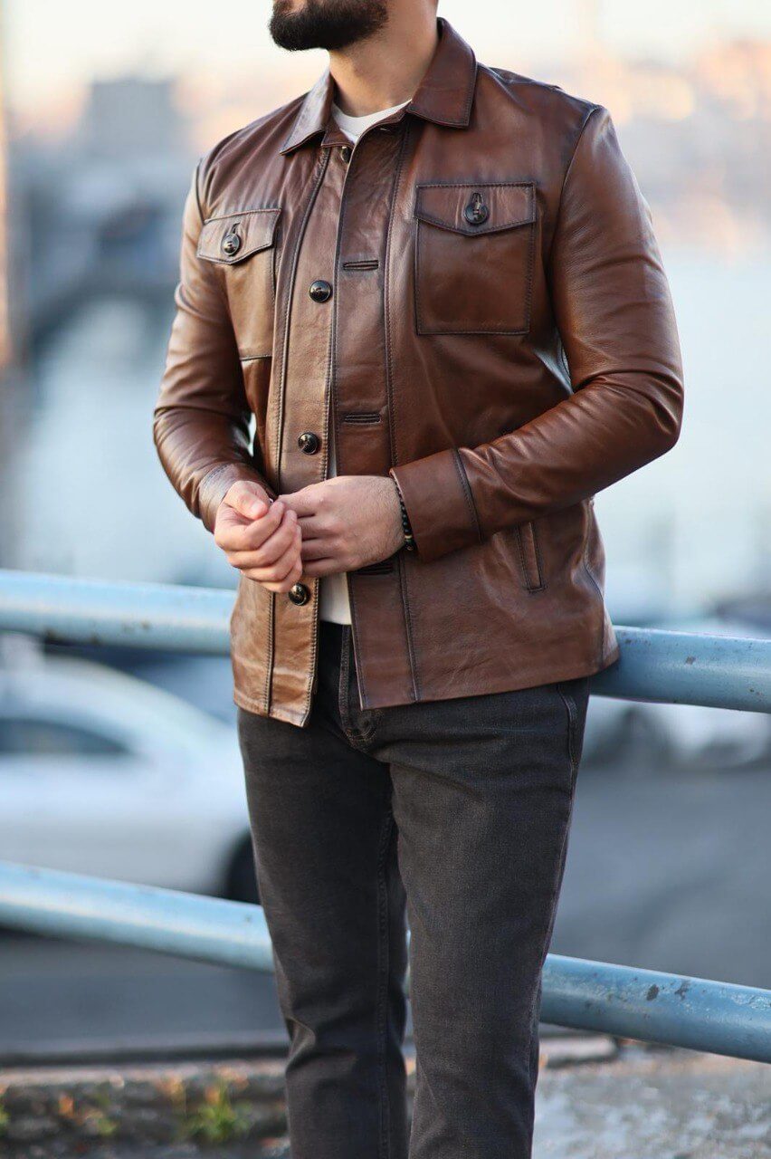 Camel genuine leather overshirt with chest pockets and button front, front view