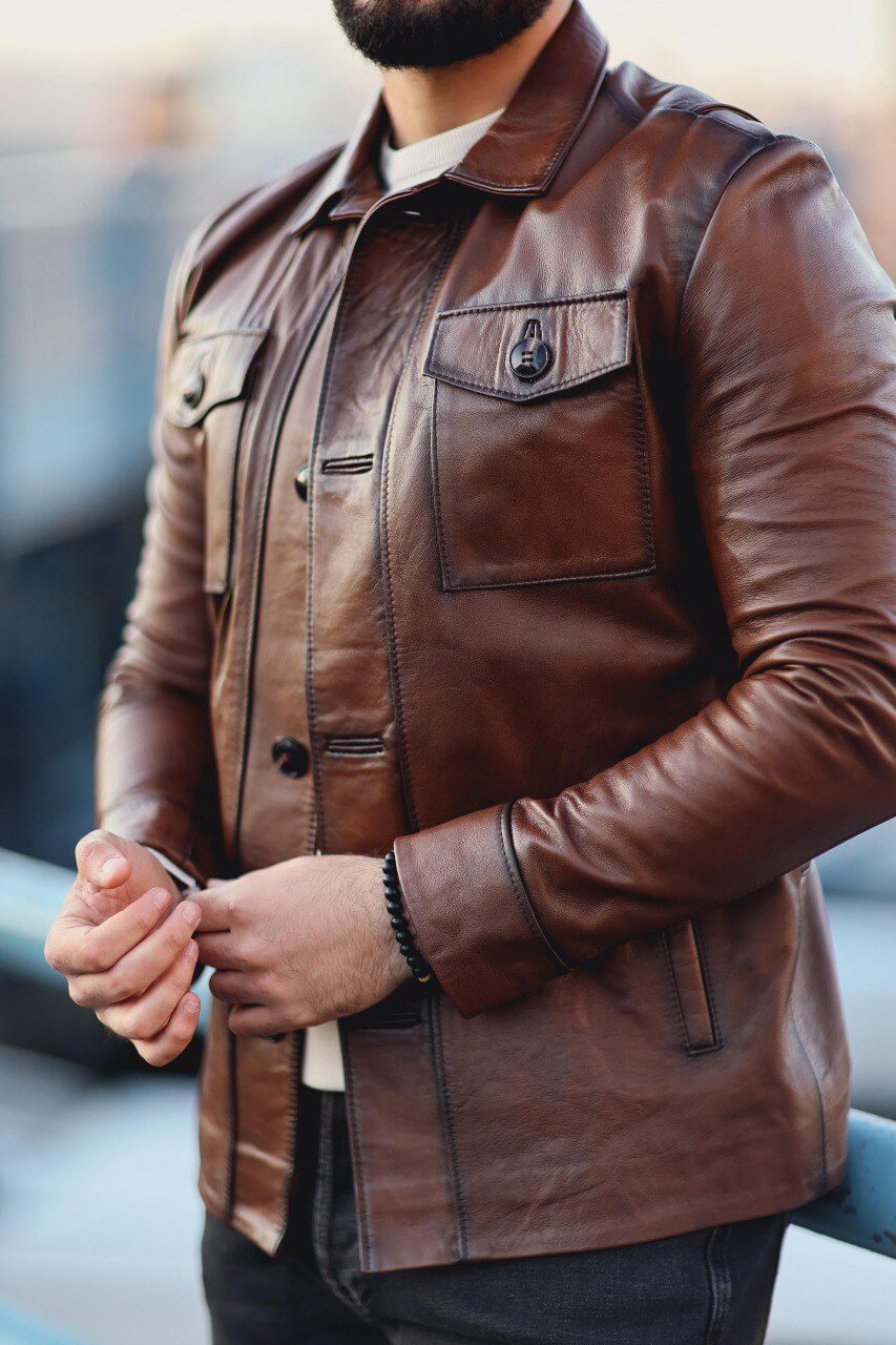 Camel leather overshirt with structured collar and polished finish, side view
