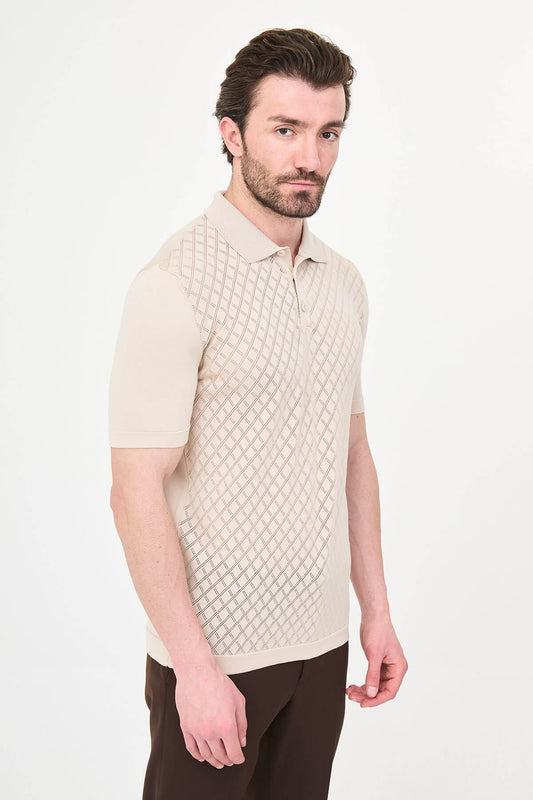 Men’s beige slim fit polo knit t-shirt with geometric textured front, short sleeves, smart casual summer style