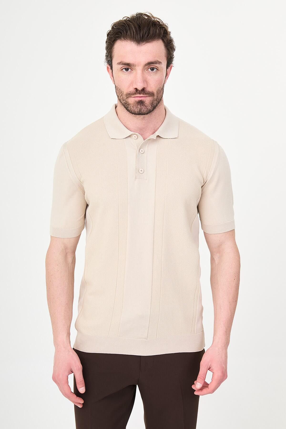 Men's Beige Slim Fit Textured Knit Polo T-Shirt HolloMen Men's Beige Slim Fit Textured Knit Polo T-Shirt HolloMen
