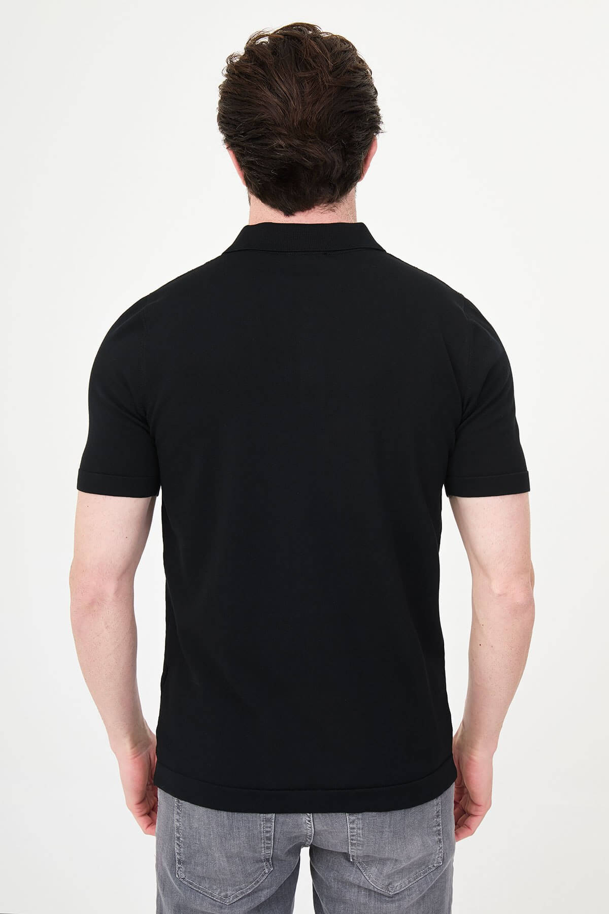 Men’s black slim fit knit polo T-shirt with textured diamond pattern, short sleeves, tailored fit, smart casual style