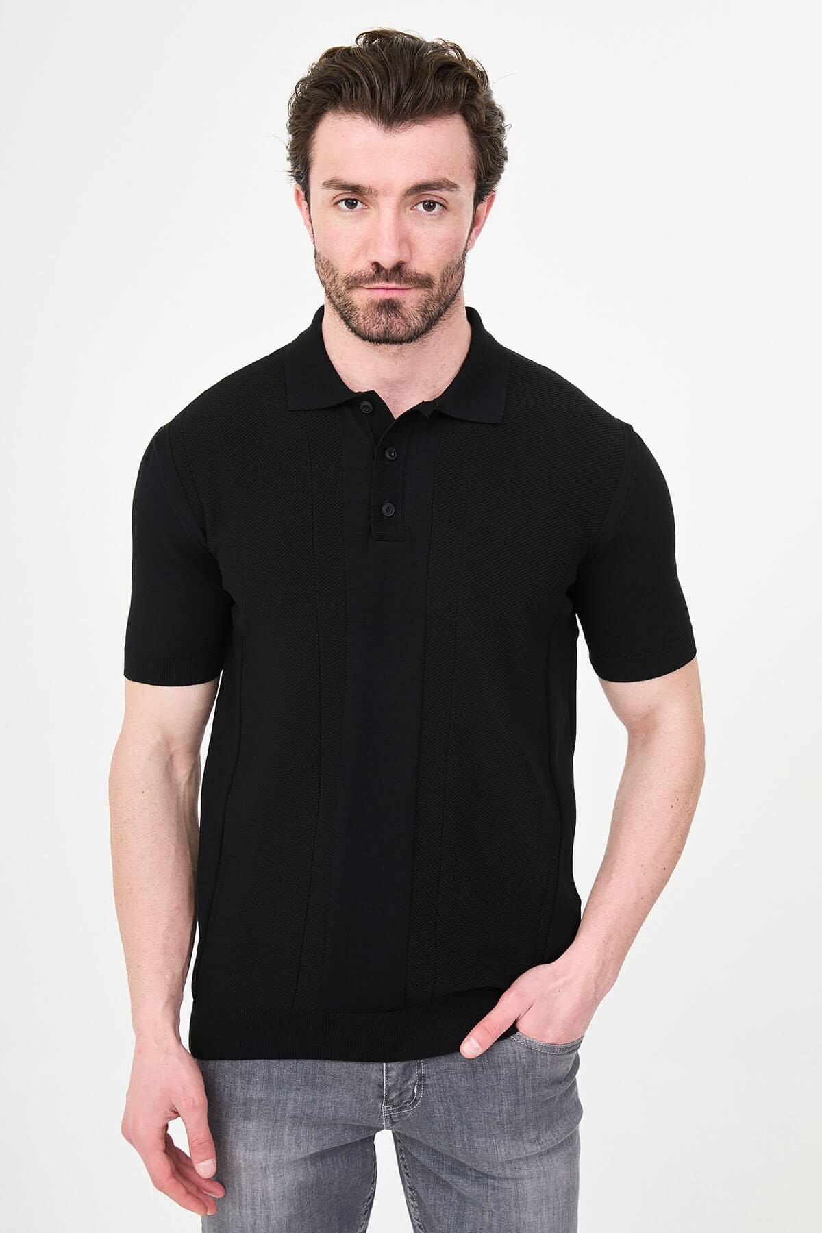 Modena Textured Knit Polo — Black | HolloMen