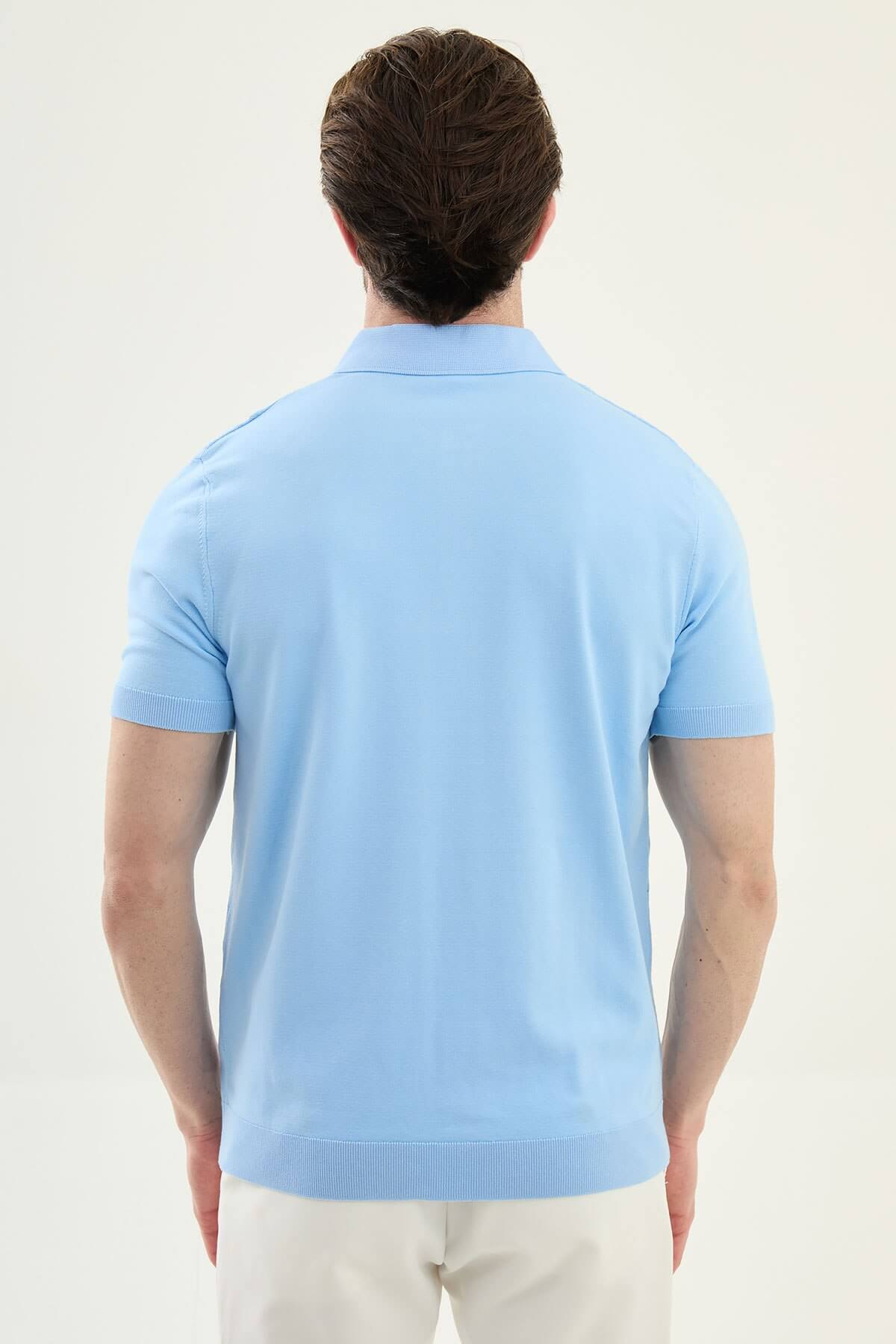 Men’s sky blue textured knit polo shirt with zip collar, slim fit, breathable cotton blend, smart casual summer style