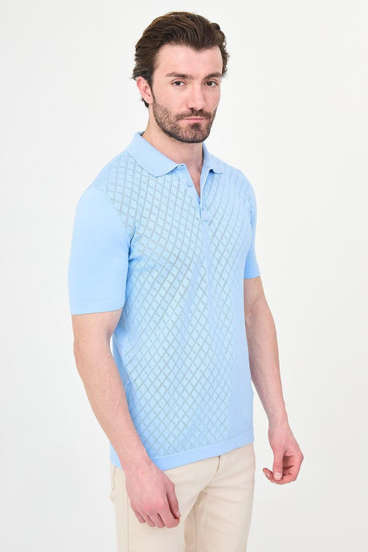 Men’s sky blue slim fit knit polo T-shirt with textured diamond pattern, short sleeves, tailored fit, smart casual style