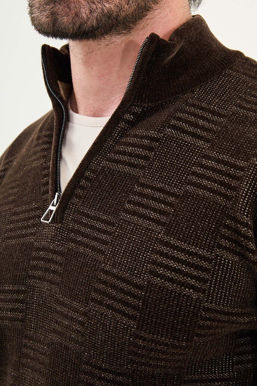 AXIST brown geometric knit quarter-zip sweater with slim fit cut