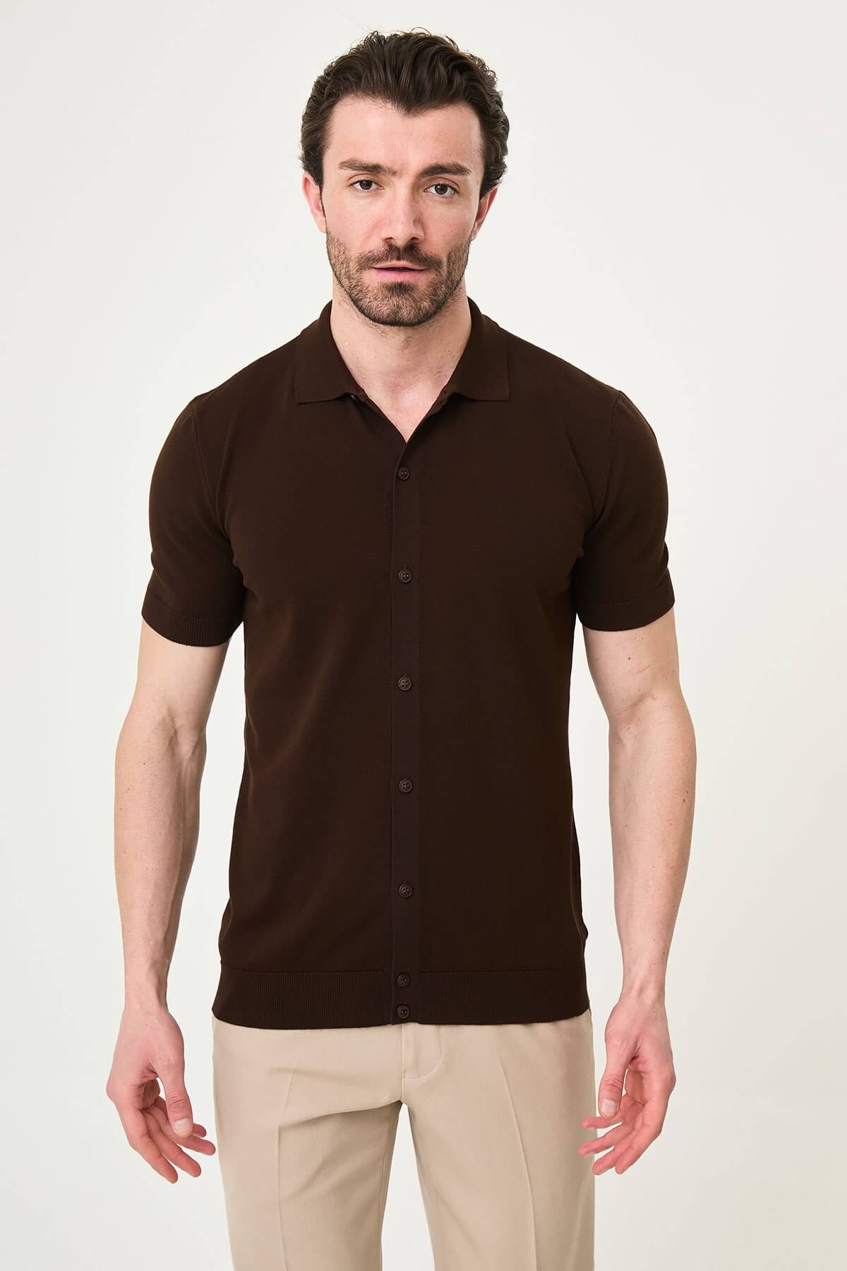 Men's Brown Slim Fit Short Sleeve Knitwear Shirt. – HolloMen