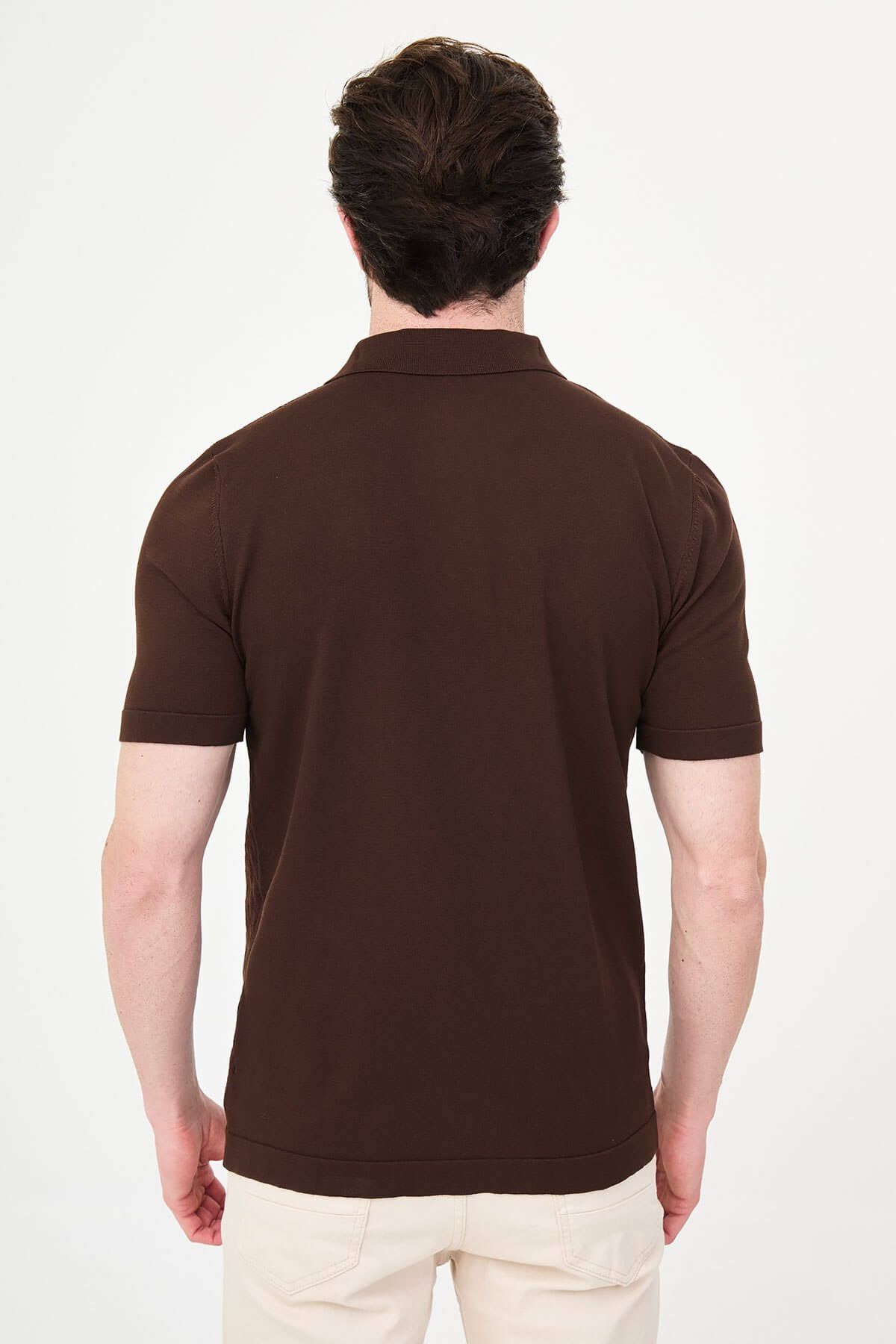 Men’s brown slim fit knit polo T-shirt with textured diamond pattern, short sleeves, tailored fit, smart casual style