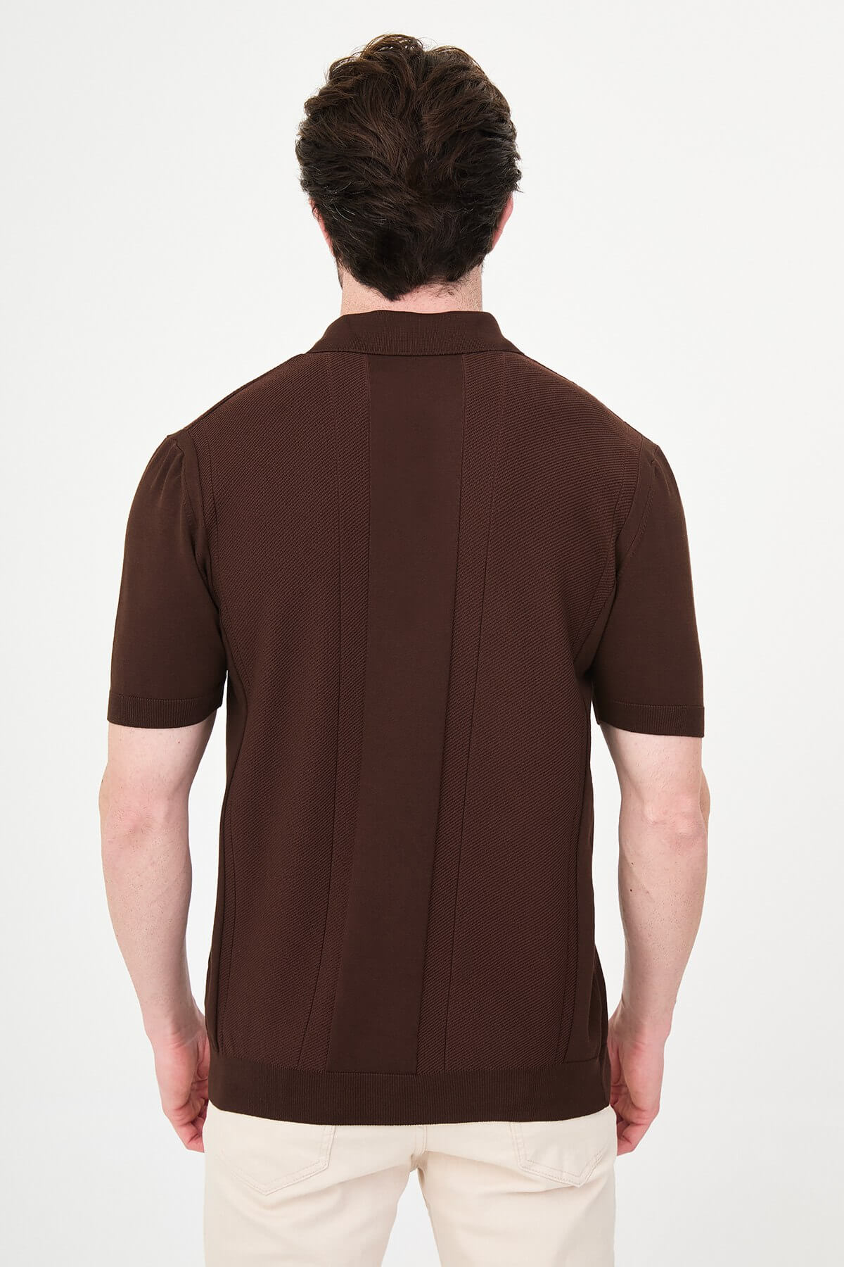 Men’s brown slim fit textured knit polo T-shirt with vertical panel design, short sleeves, classic collar, modern minimal style