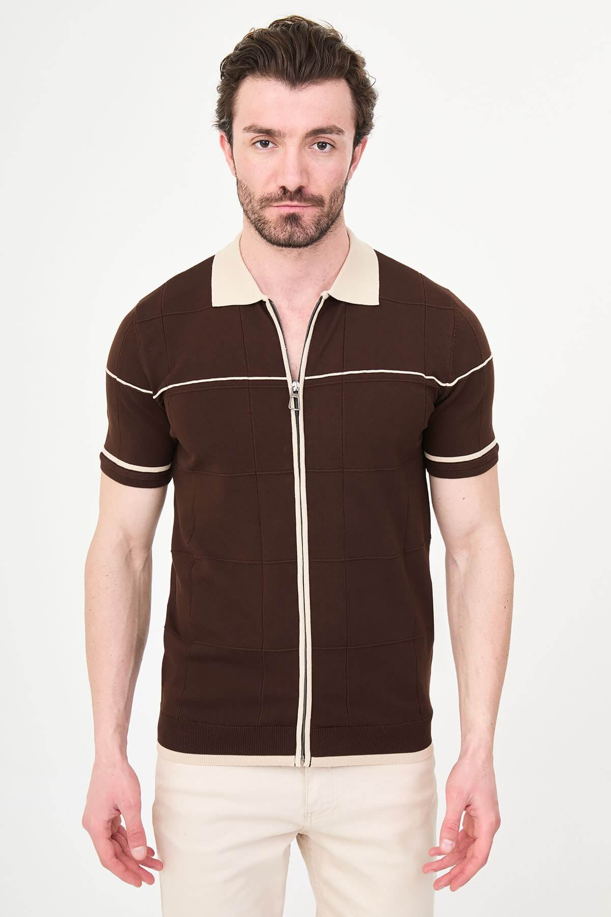 Men's Brown Slim Fit Zip-Up Knit Polo T-Shirt  HolloMen