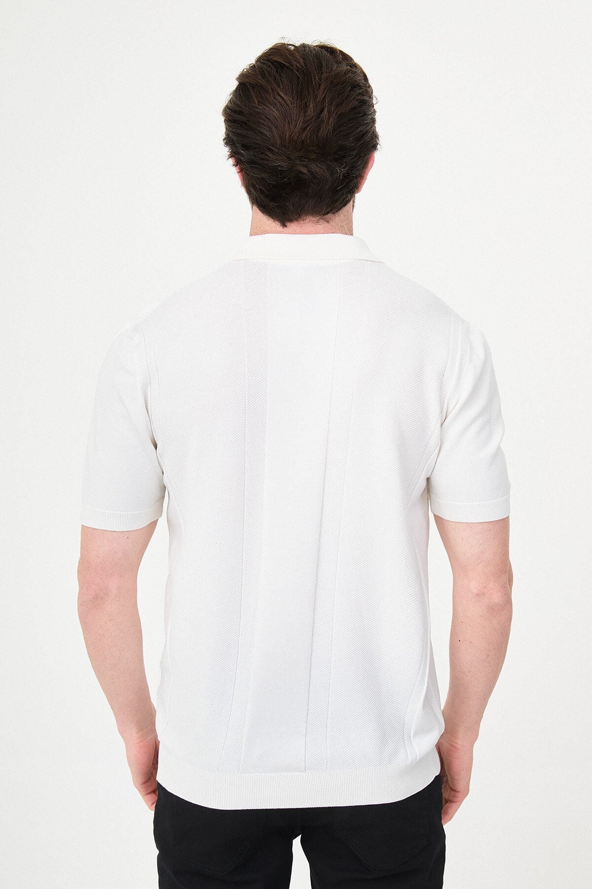 Men’s ecru slim fit textured knit polo T-shirt with vertical panel design, short sleeves, classic collar, minimal modern style