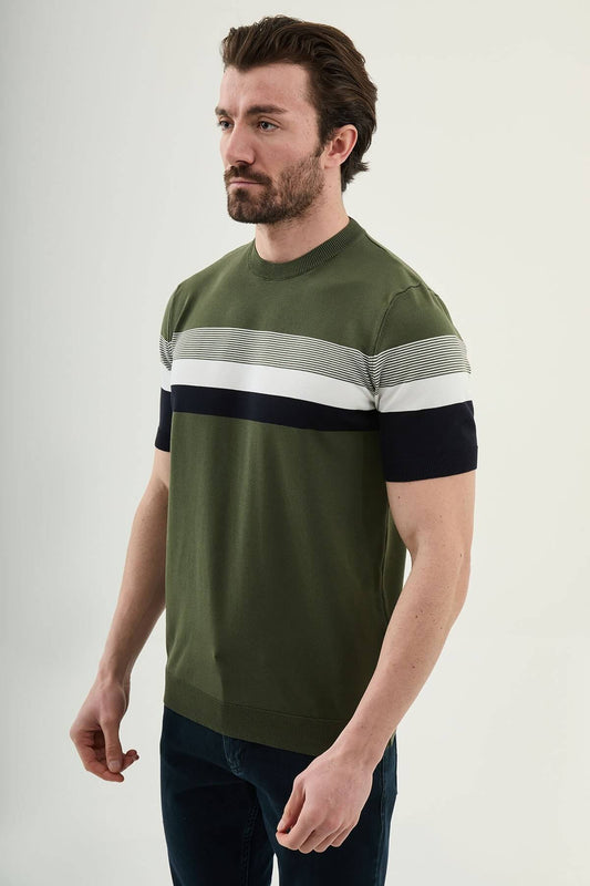 Men’s khaki slim fit striped knit t-shirt with white and navy horizontal stripes modern smart casual style