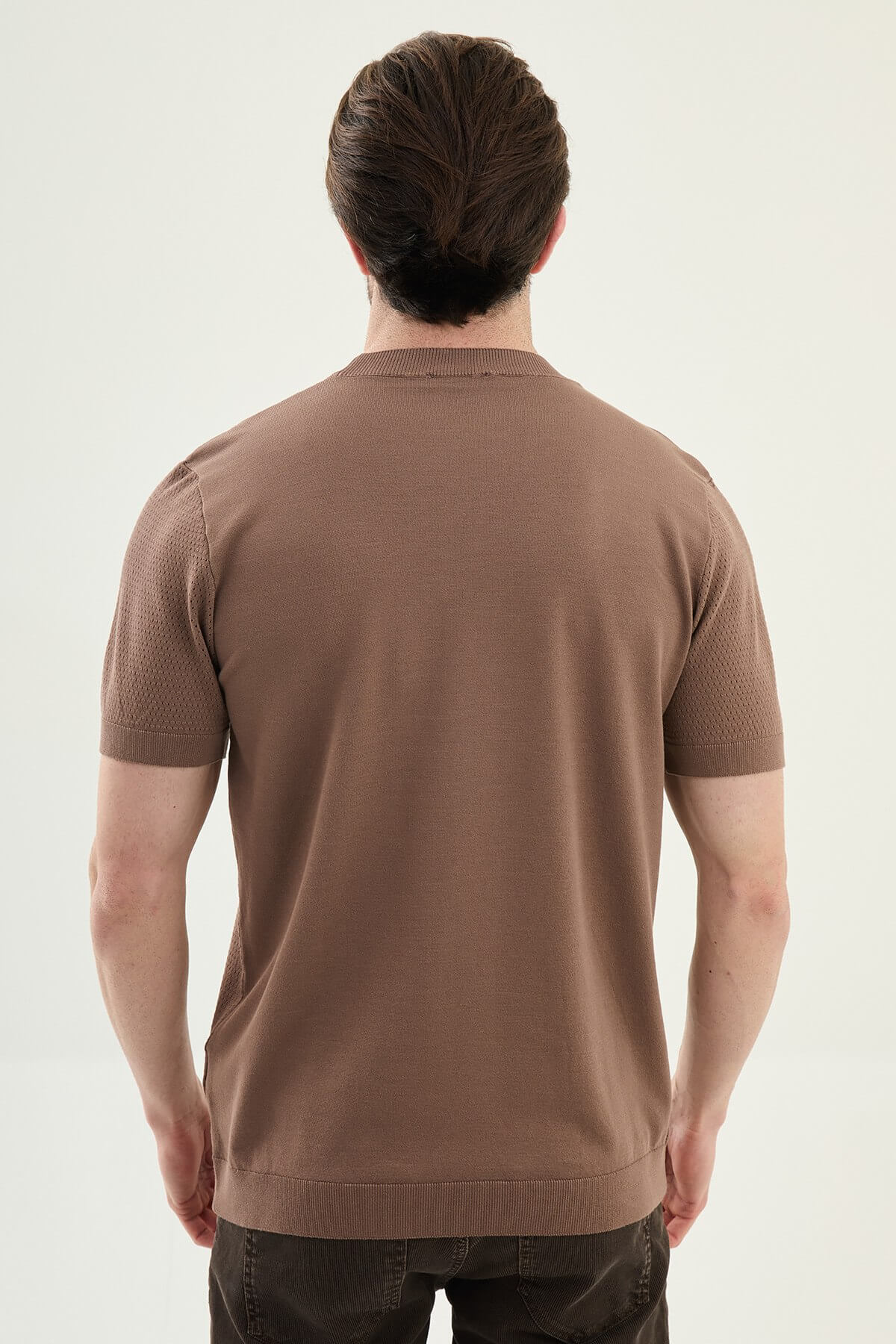 Light brown textured crew neck t-shirt styled casual full view