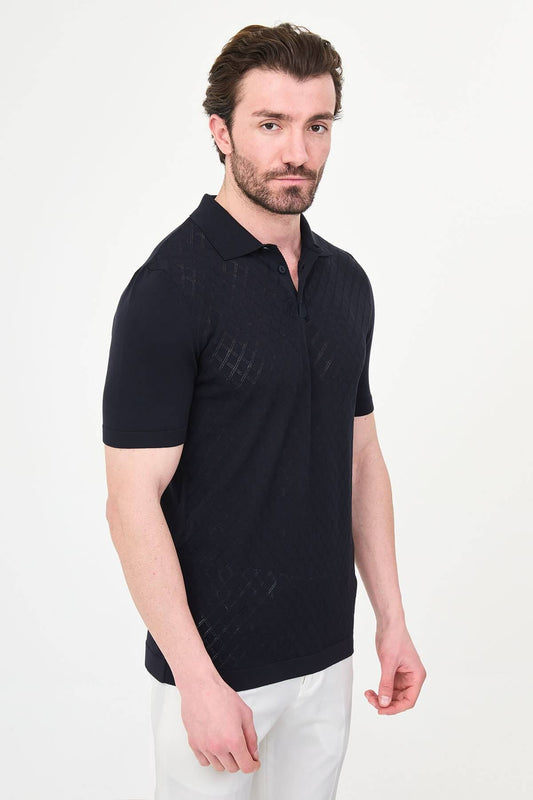 Men’s navy blue slim fit knit polo T-shirt with textured diamond pattern, short sleeves, tailored fit, smart casual style