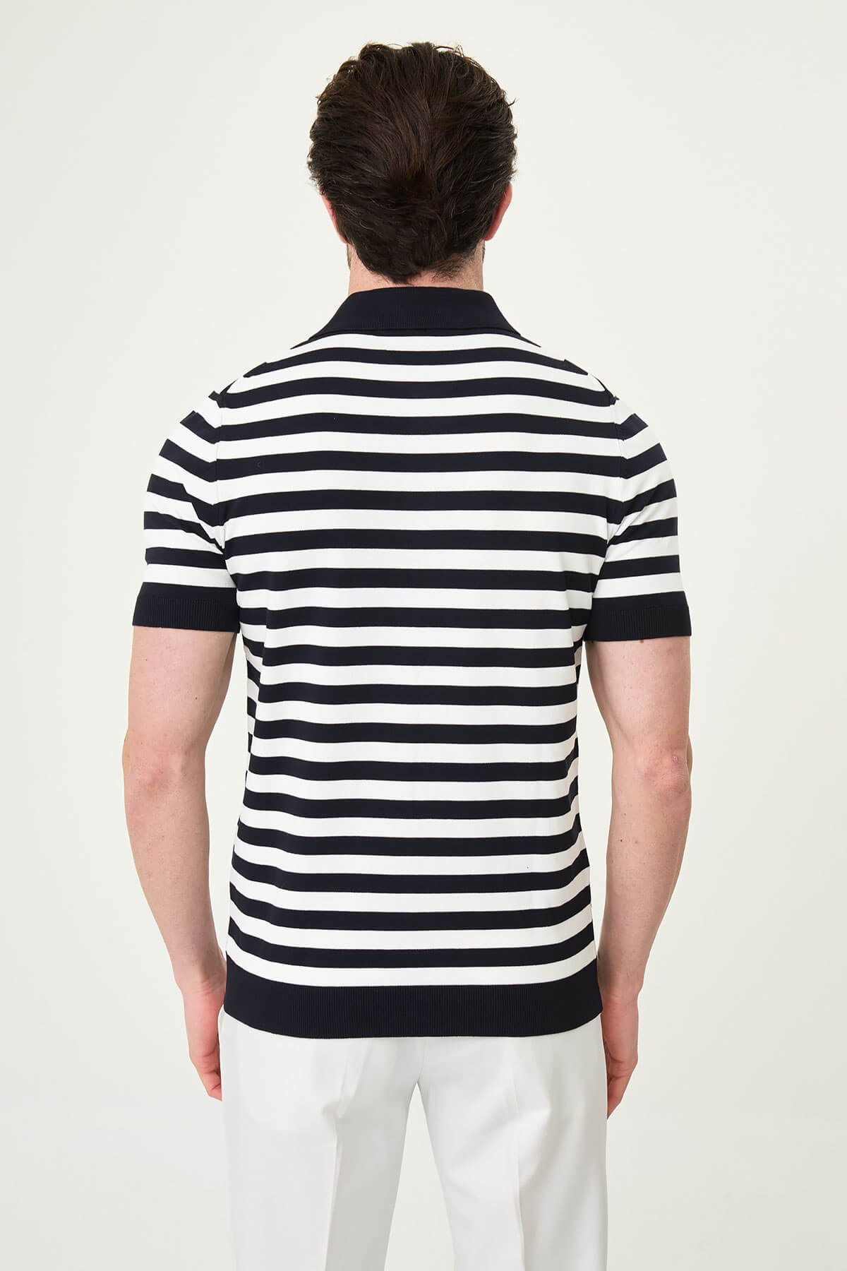Men’s navy blue and white striped knit polo shirt with short sleeves, slim fit, breathable cotton fabric, stylish summer smart casual outfit