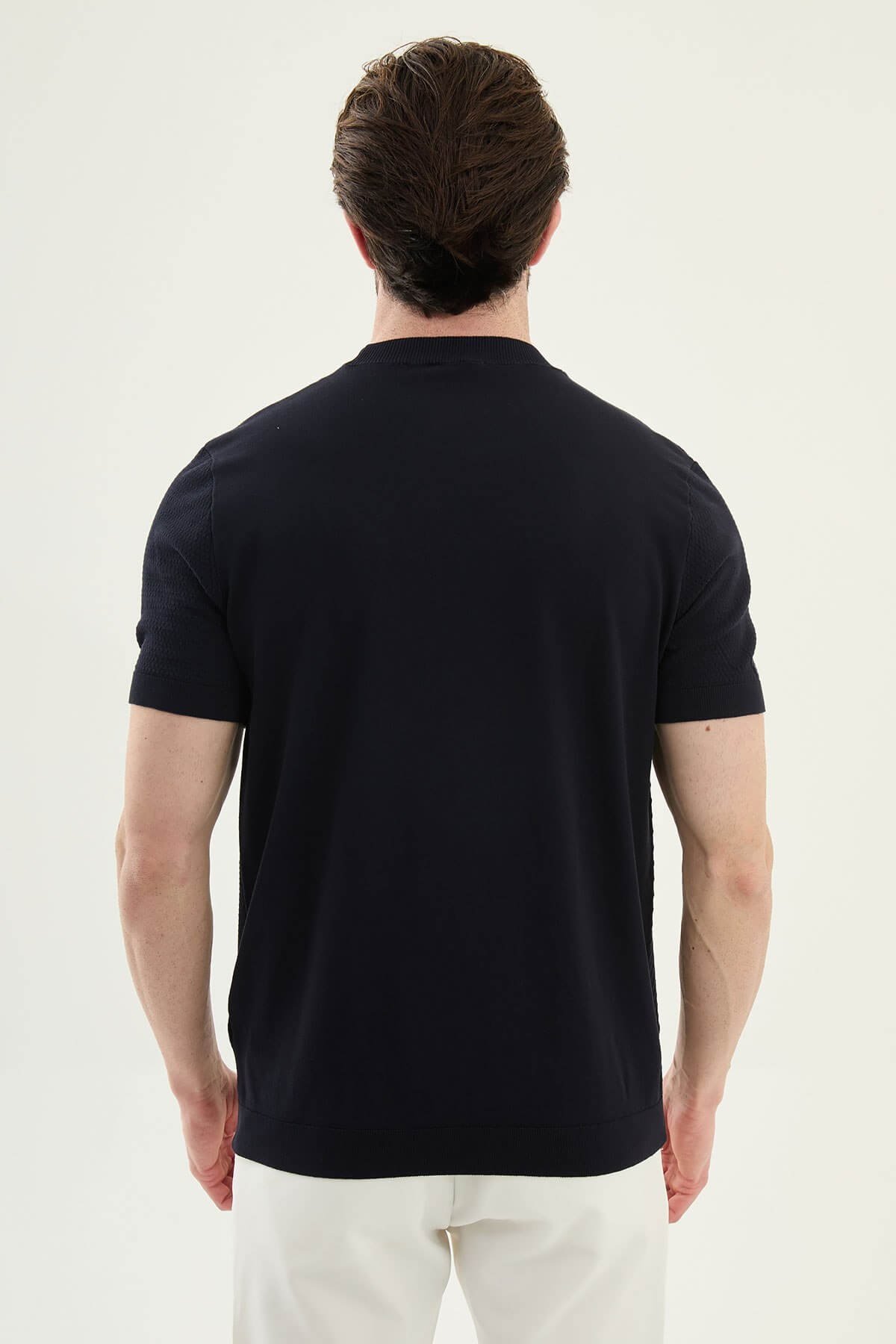 Men’s navy blue slim fit textured crew neck T-shirt with diagonal knit detail, short sleeves, modern casual style