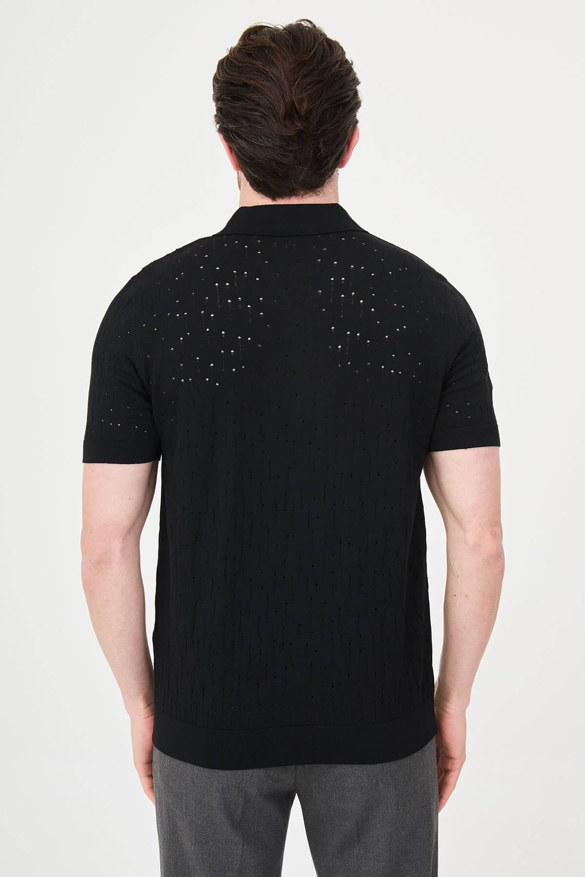 Men’s black slim fit zippered polo knit t-shirt with perforated texture, short sleeves, modern smart casual style