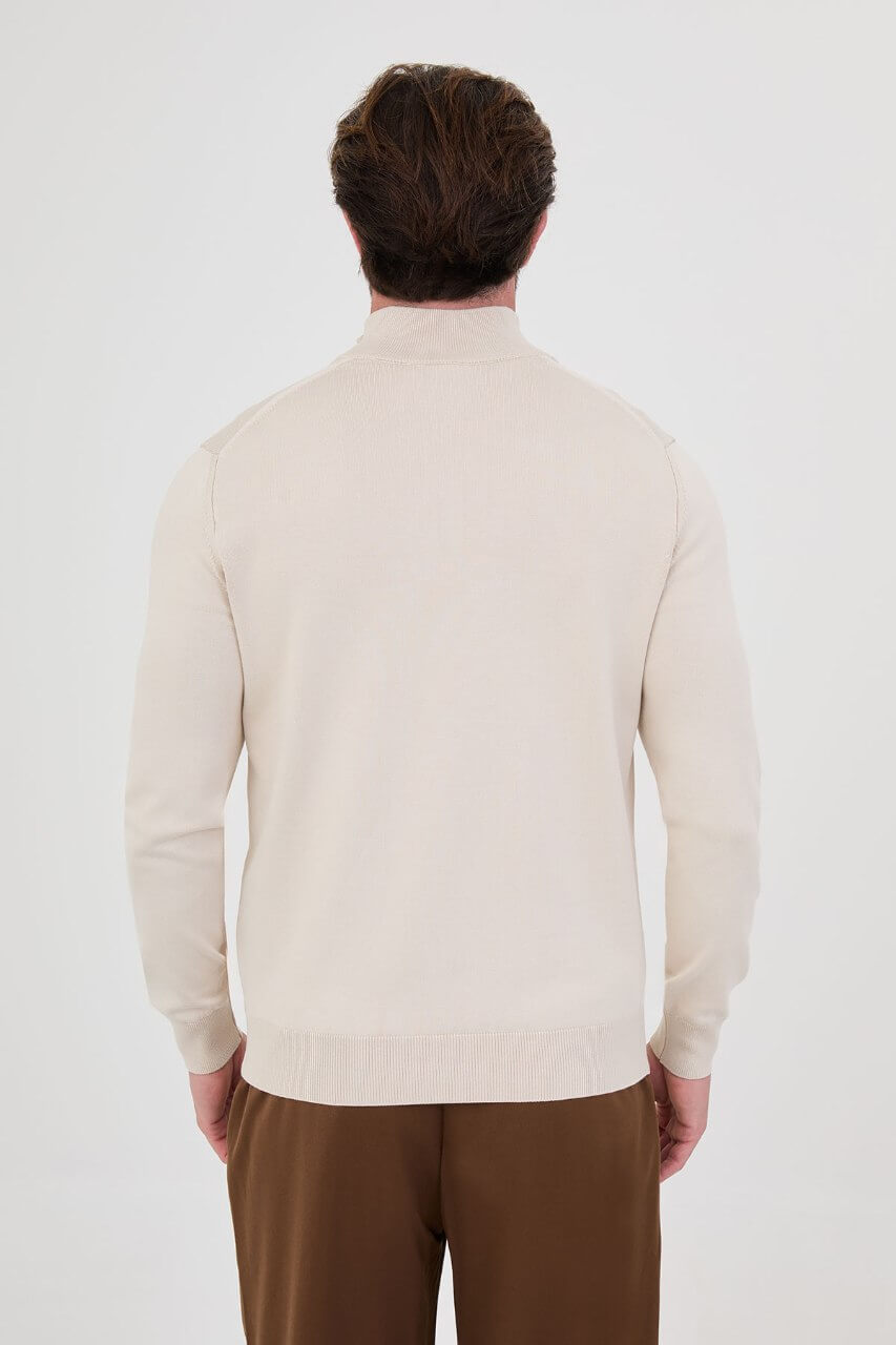 Men's beige textured crew neck knit sweater for fall winter menswear.