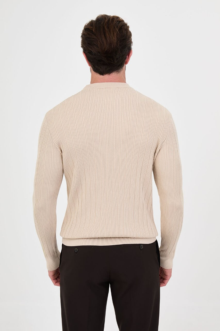 Men's beige textured crew neck knit sweater with patterned knit design for fall winter menswear.