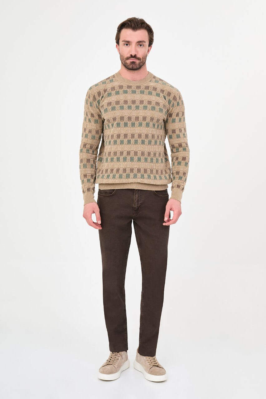 Men's beige textured crew neck knit sweater with patterned design for fall winter menswear