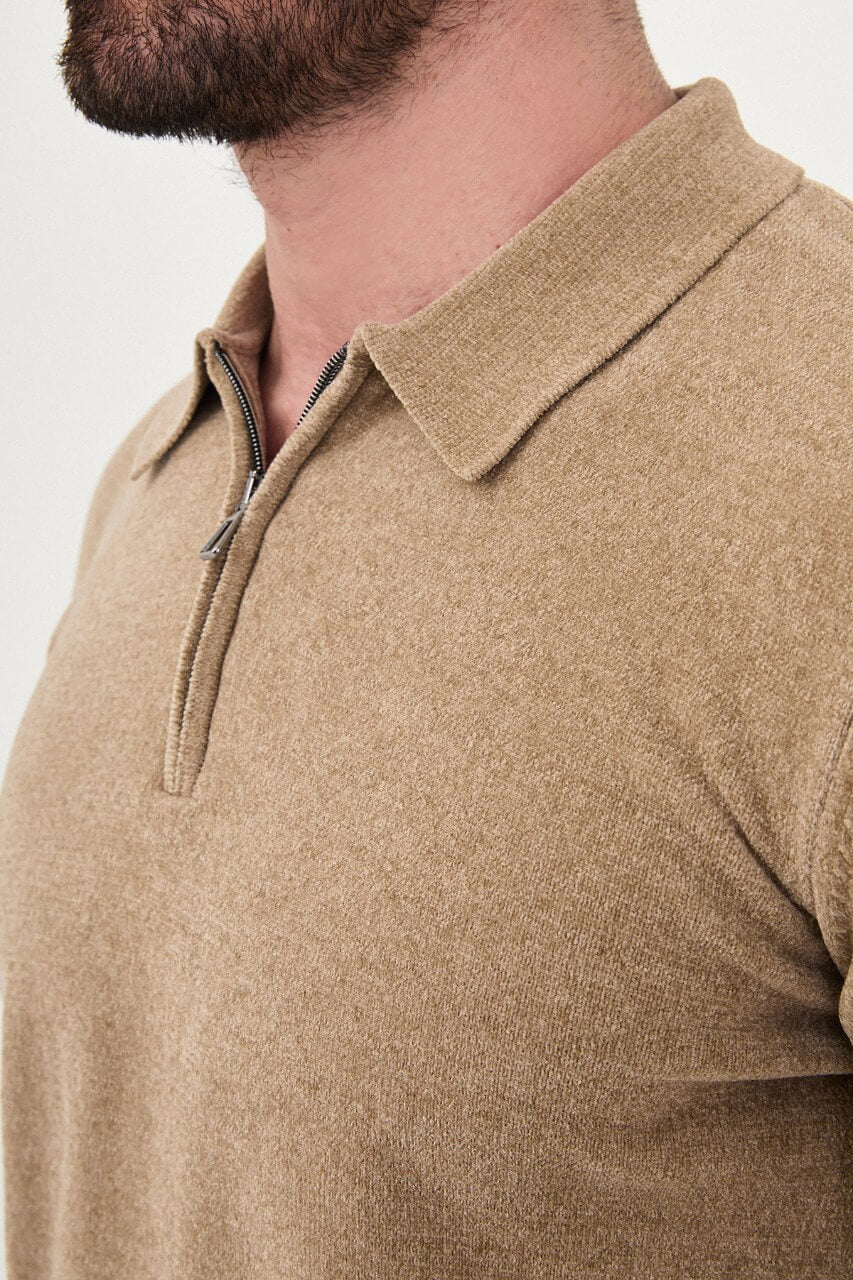 Men's beige textured crew neck knit sweater for fall winter menswear.