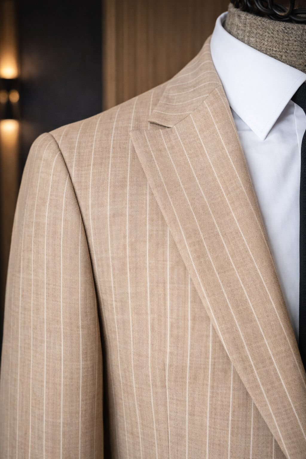 Beige pinstripe slim fit men’s suit styled with black tie and white shirt