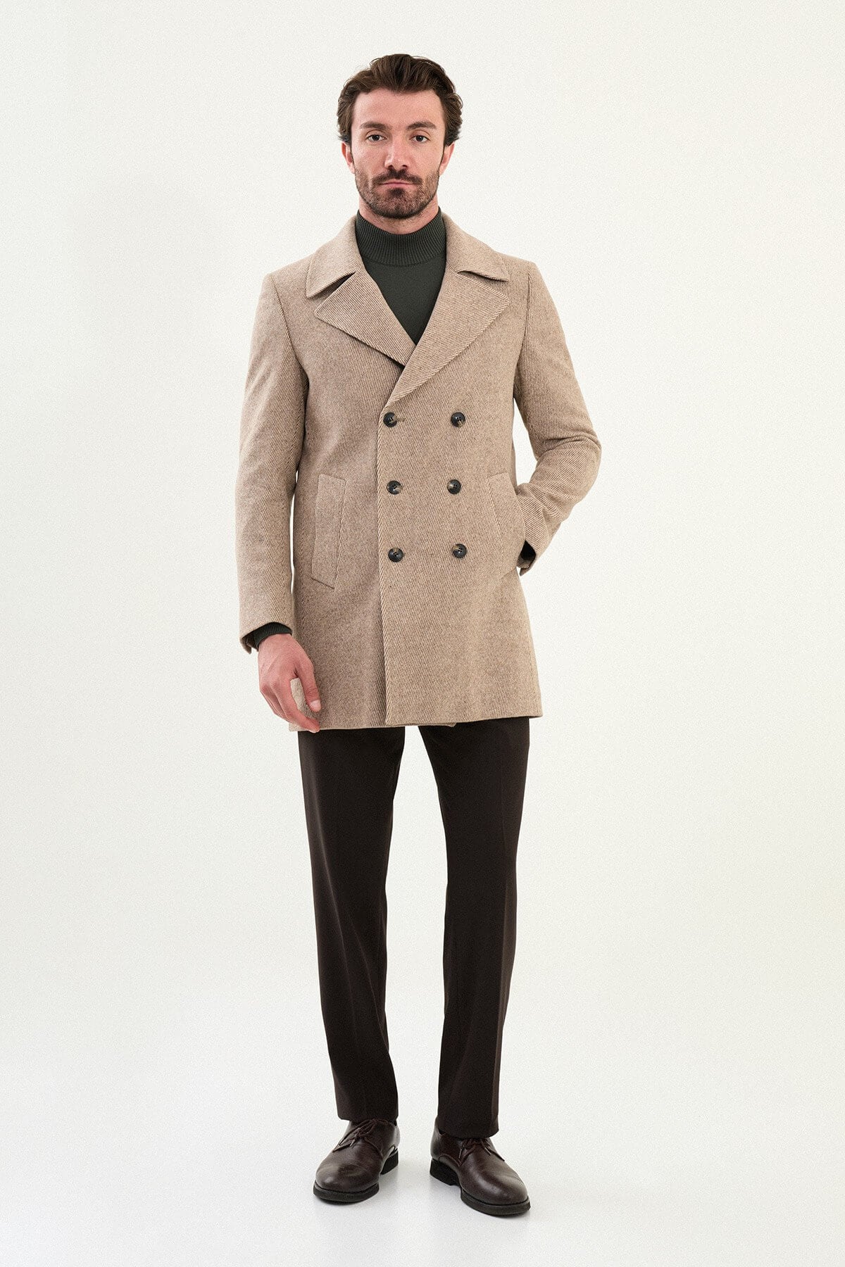 Men's Beige Double-Breasted Slim Fit Peacoat. – HolloMen