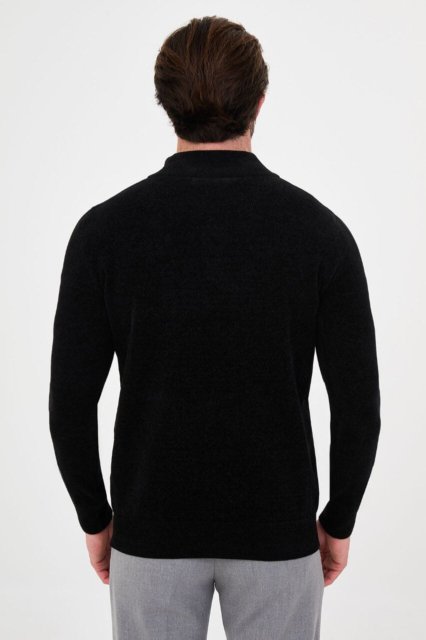 Men's black zip collar knit sweater with long sleeves for fall and winter smart casual outfits