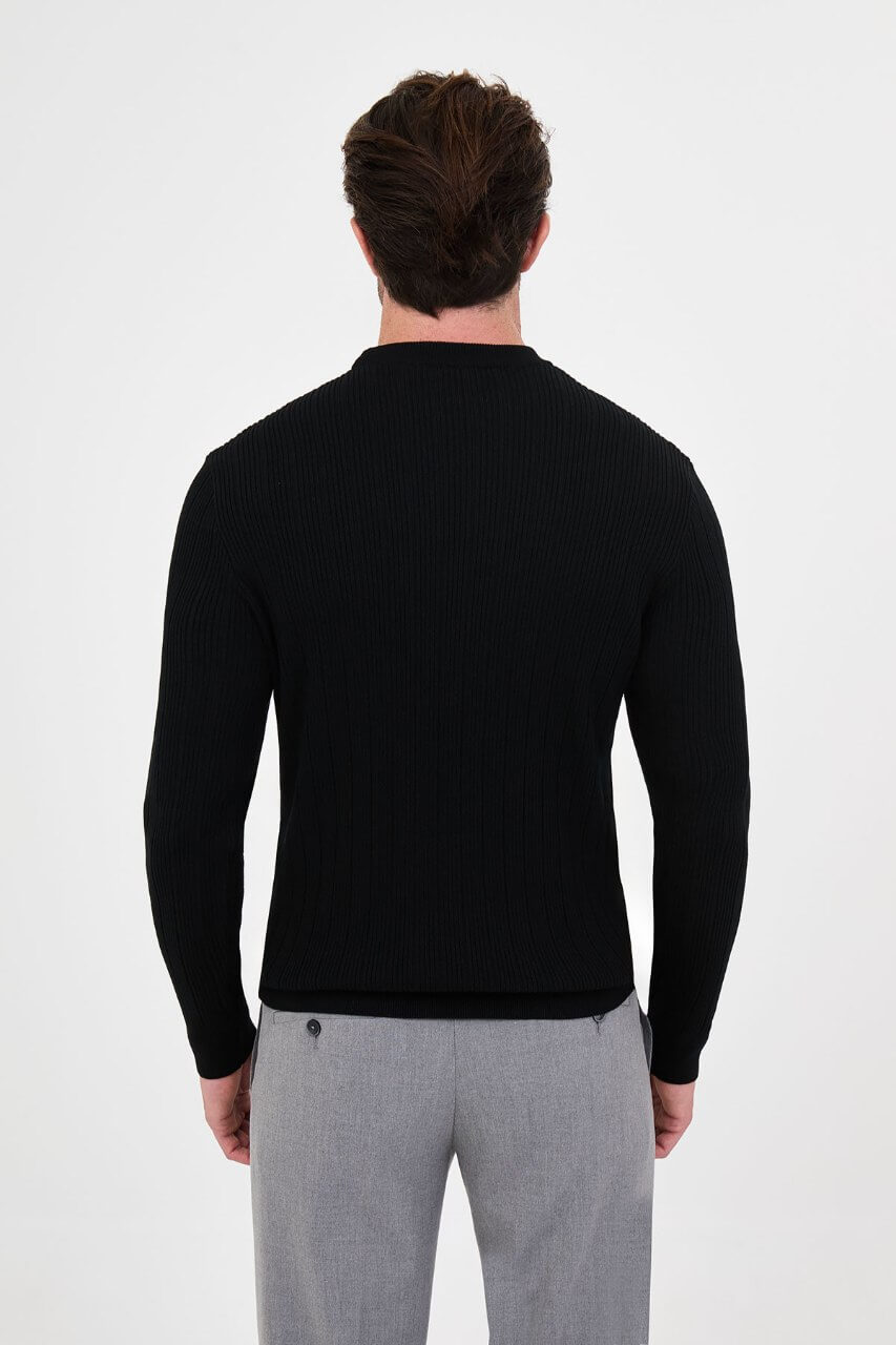 Men's black textured crew neck knit sweater for fall winter menswear.