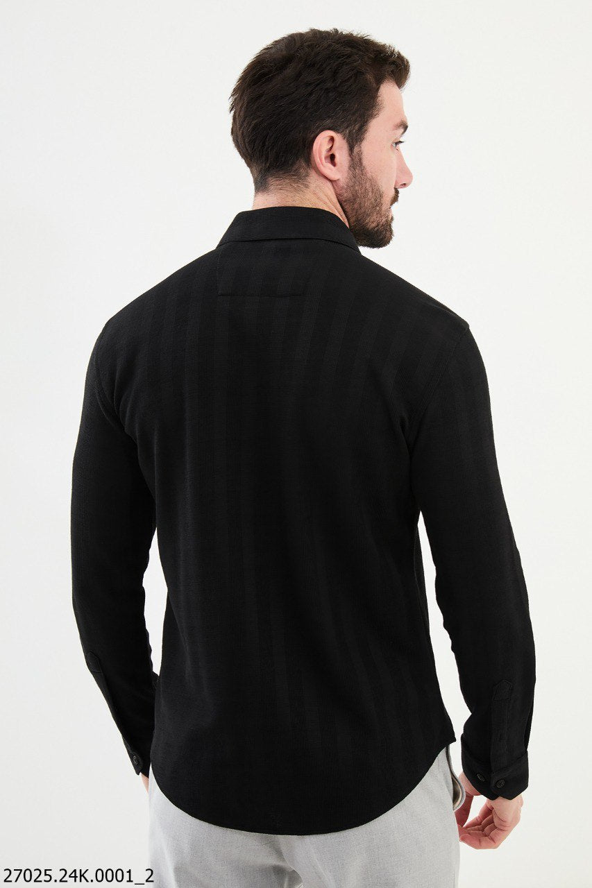 Men's Black Striped Textured Shirt.