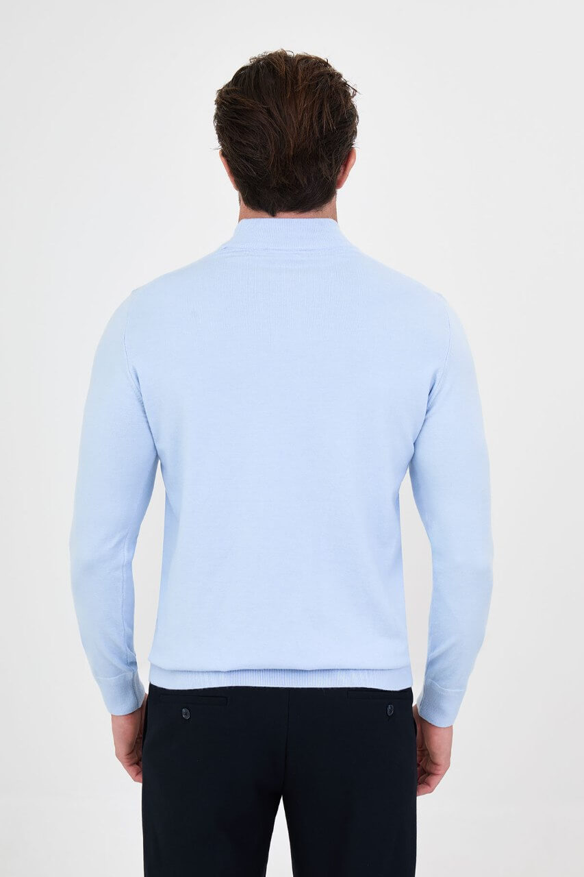 Men's blue mock neck cashmere blend knit sweater slim fit fall winter menswear