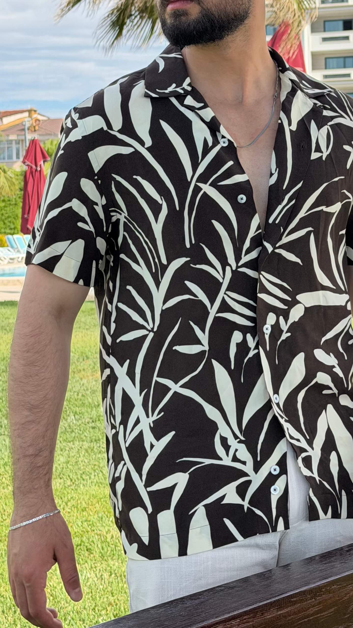 Men’s brown beige floral print short sleeve shirt with lightweight viscose fabric, button-front design, and summer casual style.