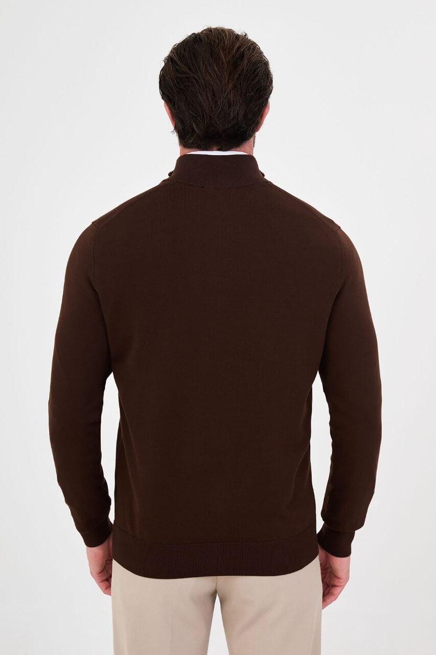 Men's brown zip neck knit sweater slim fit cotton blend pullover for fall winter smart casual style