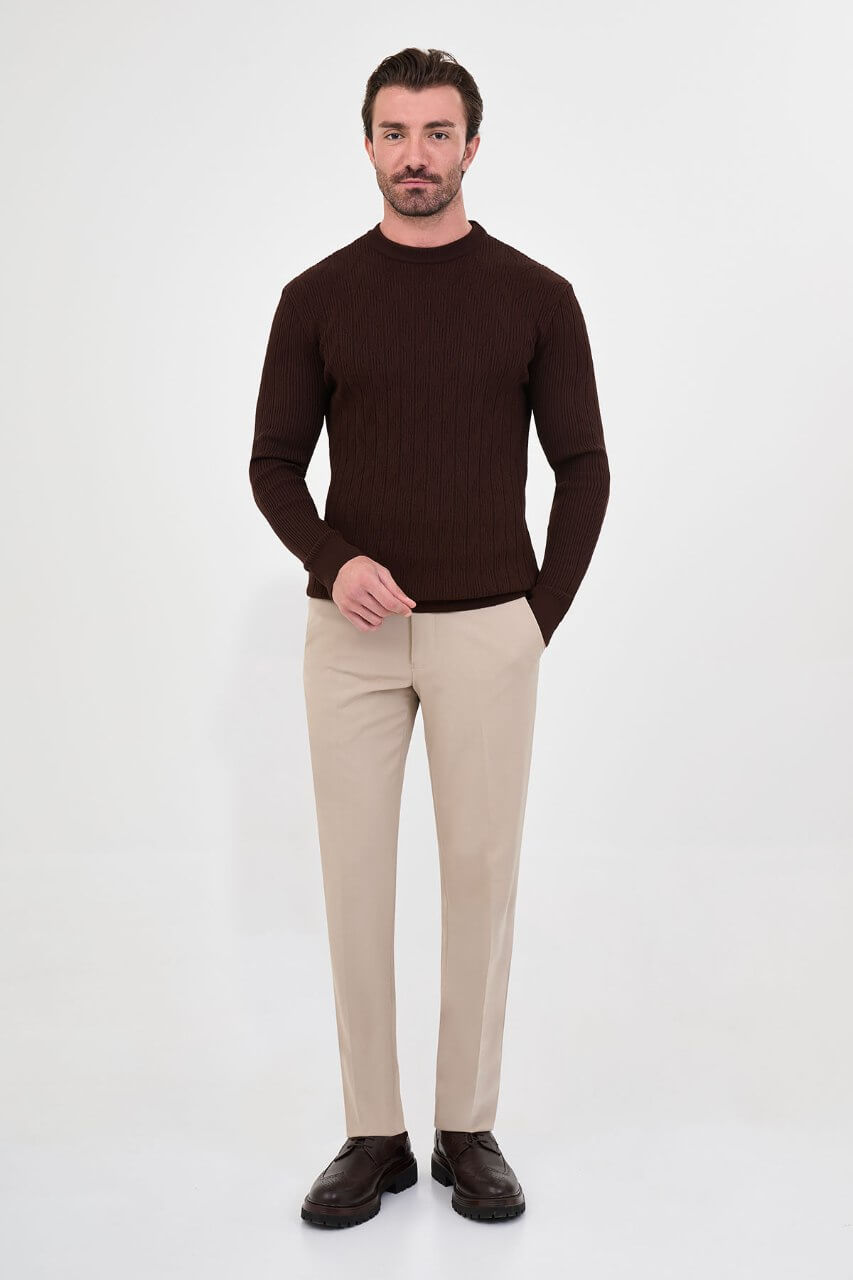 Men's brown textured crew neck knit sweater for fall winter menswear.