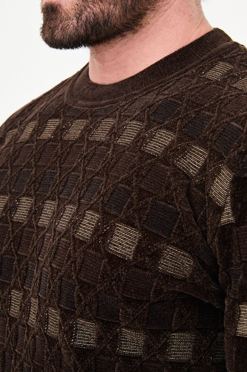 Men's brown textured crew neck knit sweater with patterned design for fall winter menswear.