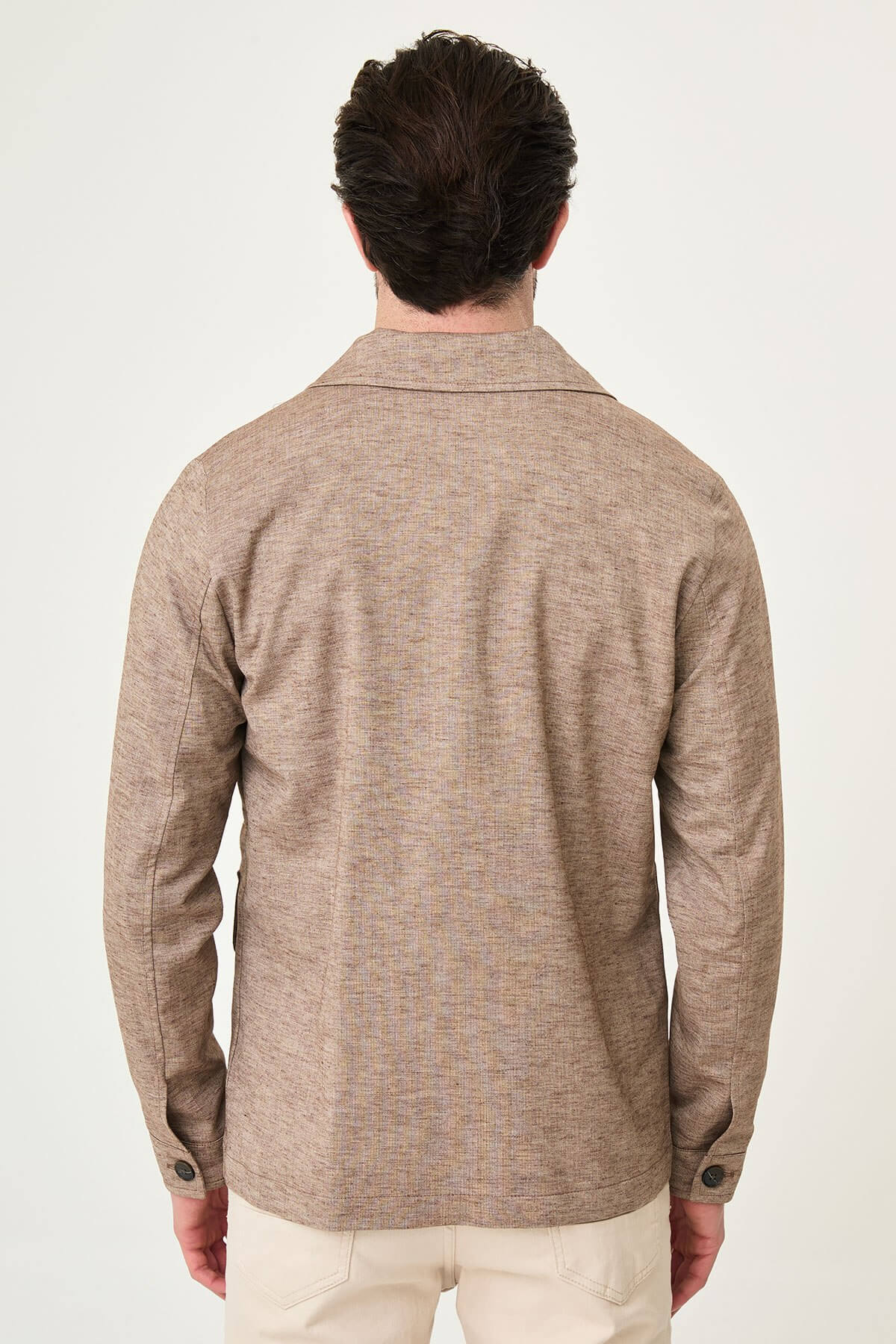 Men’s brown linen cotton slim fit utility jacket with lapel collar and flap pockets